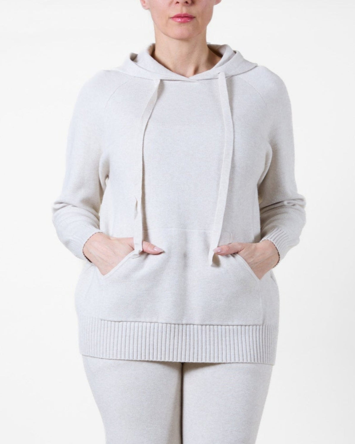 Beige Hood Drawstring Kangaroo Pocket Long Sleeve Rib Trim Pullover