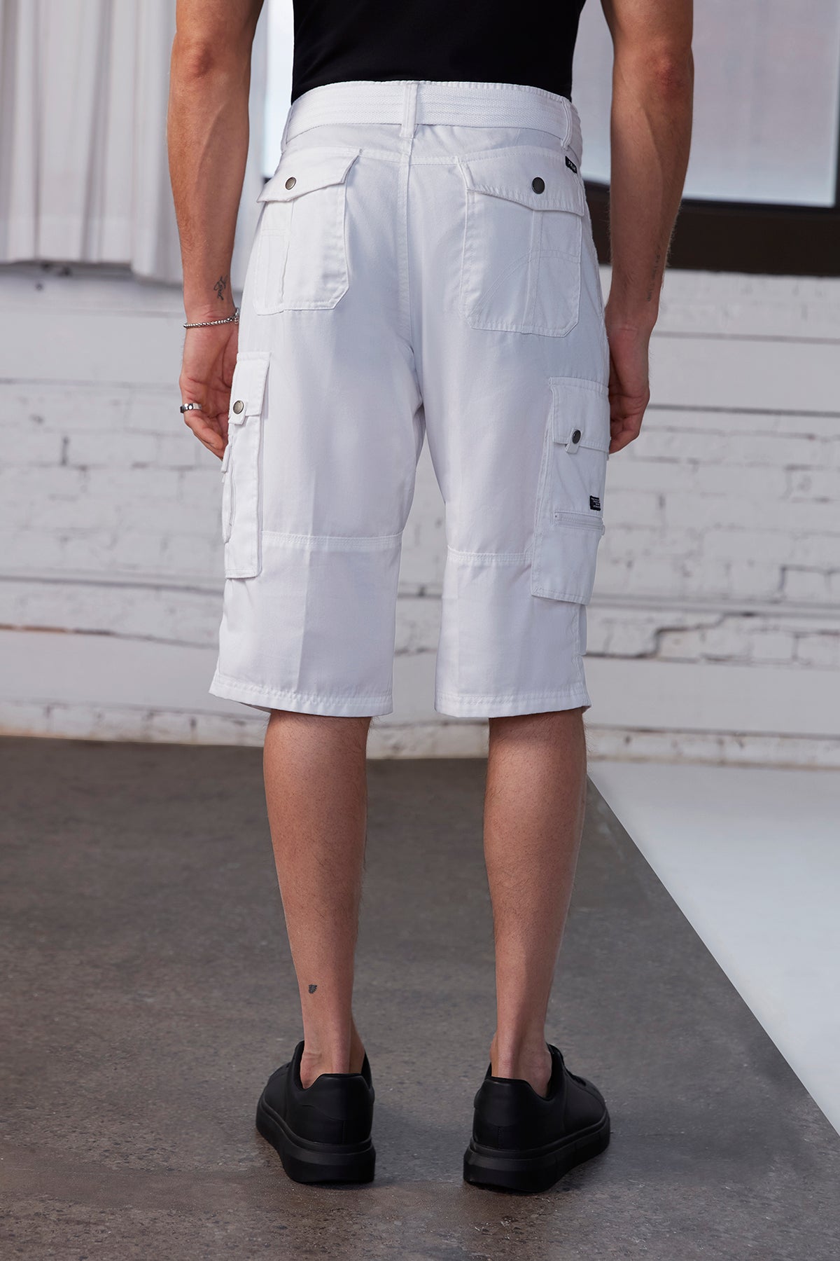 Men's White Long Belted Cargo Shorts