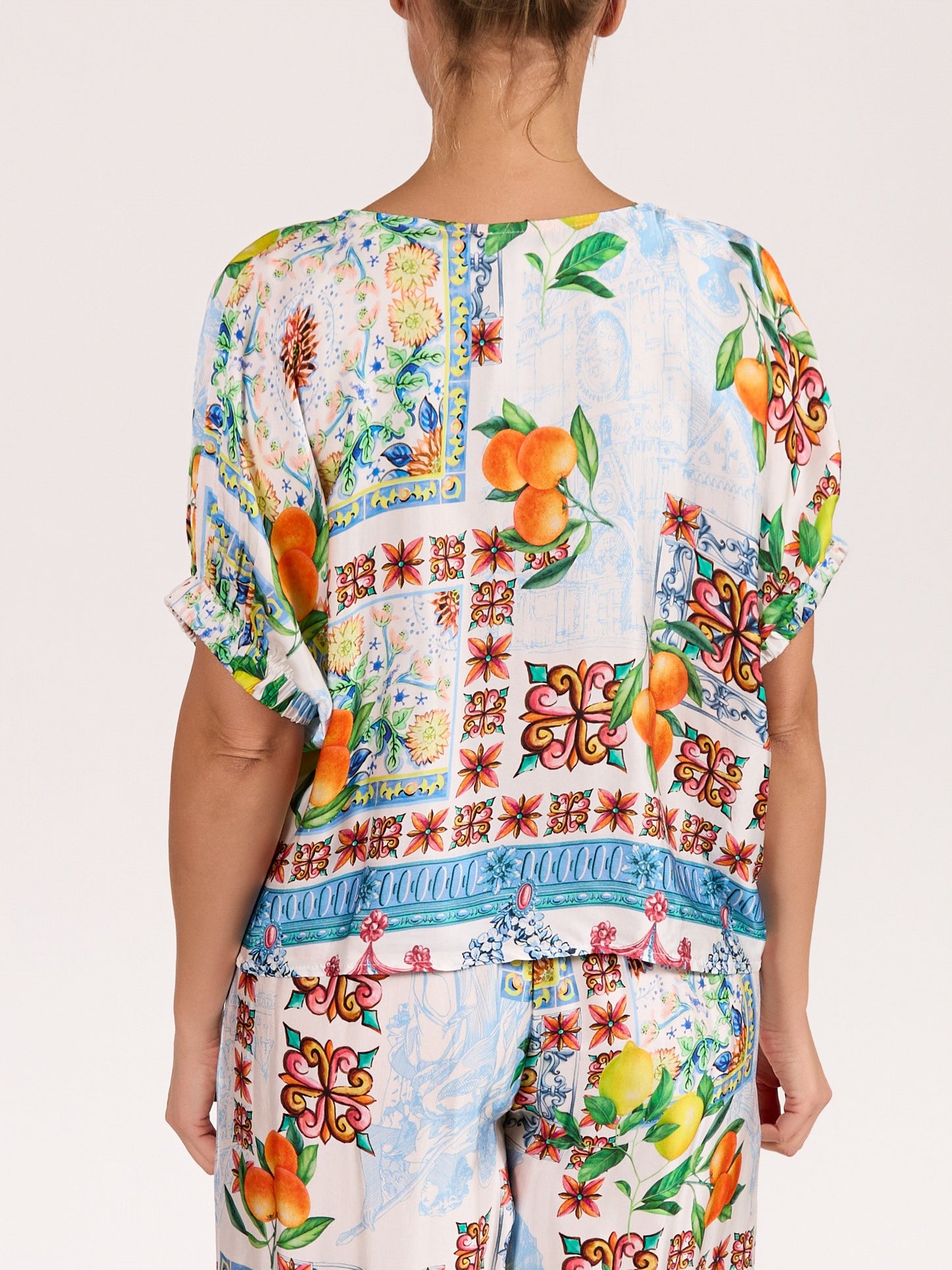 Blue V Neck Blouson Batwing Oranges & Lemon Print Blouse