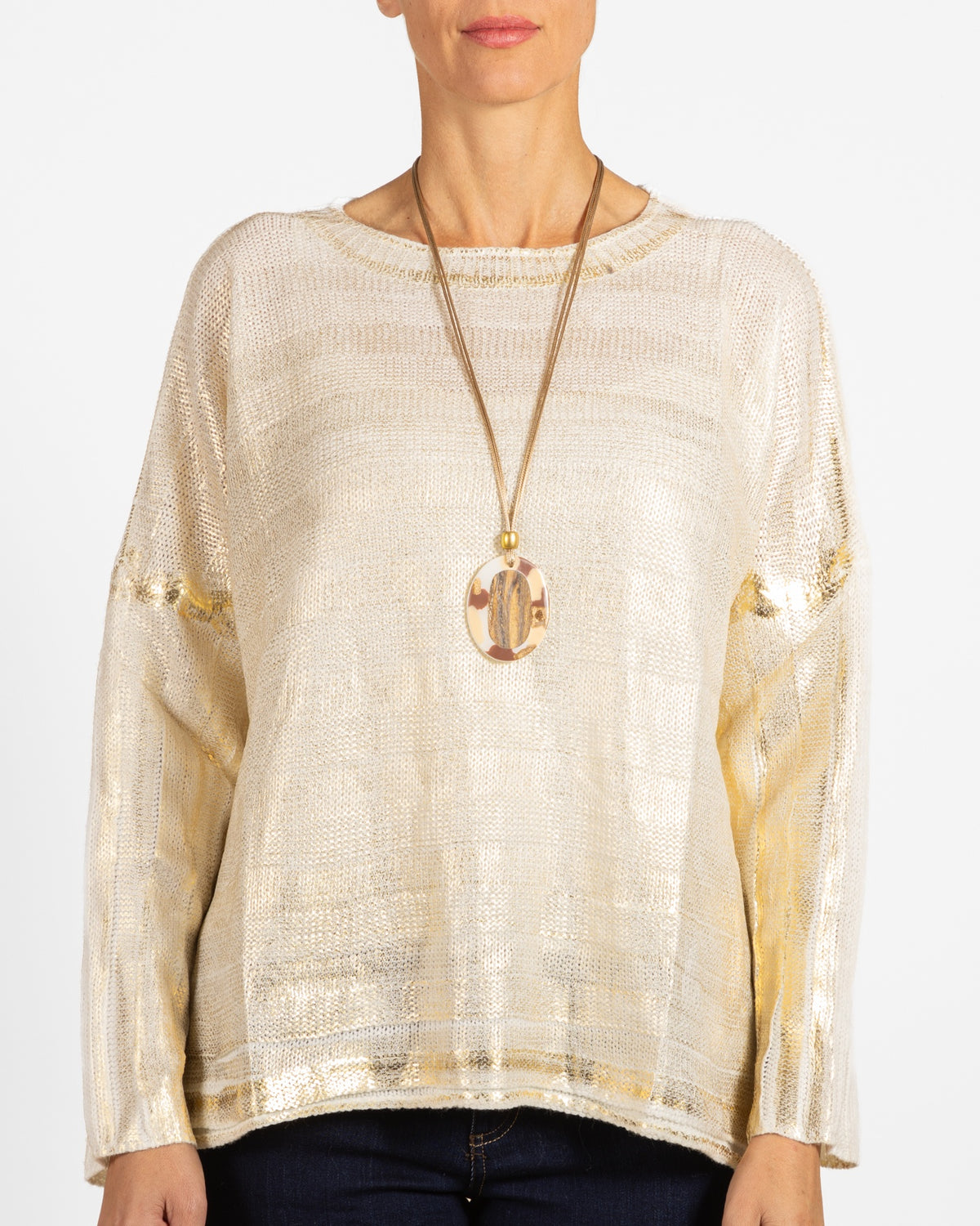 Snow Drop Shoulder Gold Foil Front Box Shape Double Knit Sweater