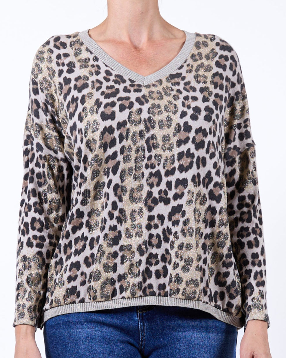 Taupe Glitter Hem Neck V Front Cheetah Drop Shoulder Pullover