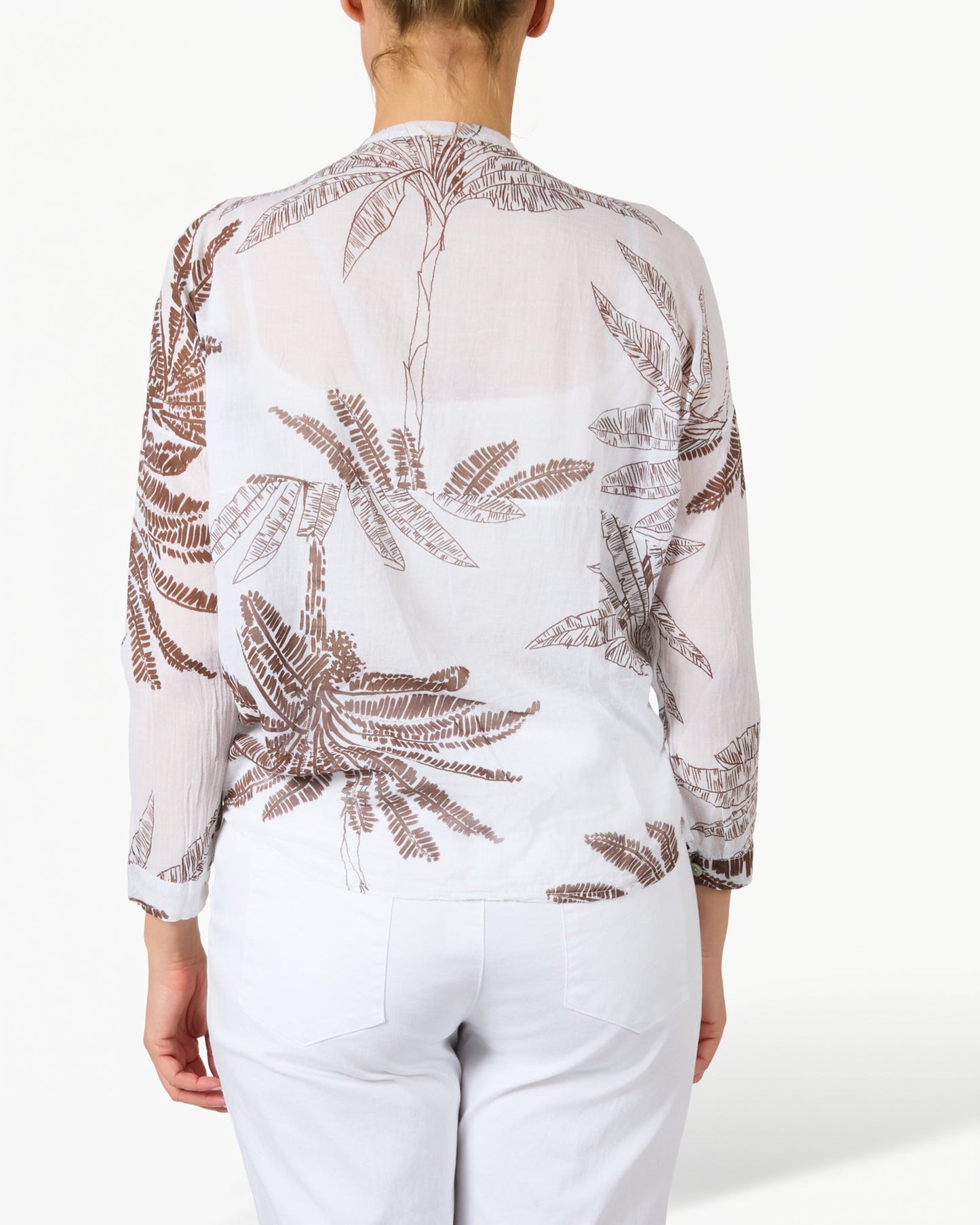 White Palm Printed Button Up Blouse