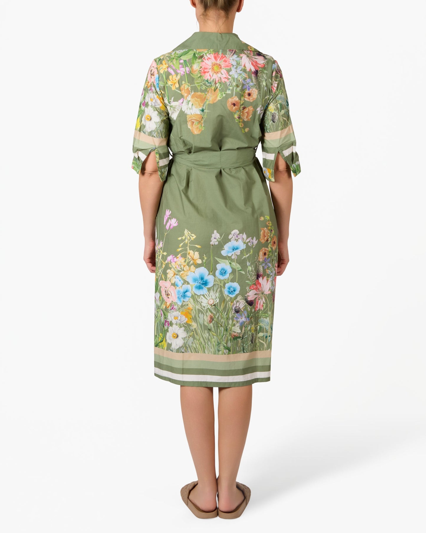 Khaki Floral Border 3/4 Sleeve Dress with Tie Front