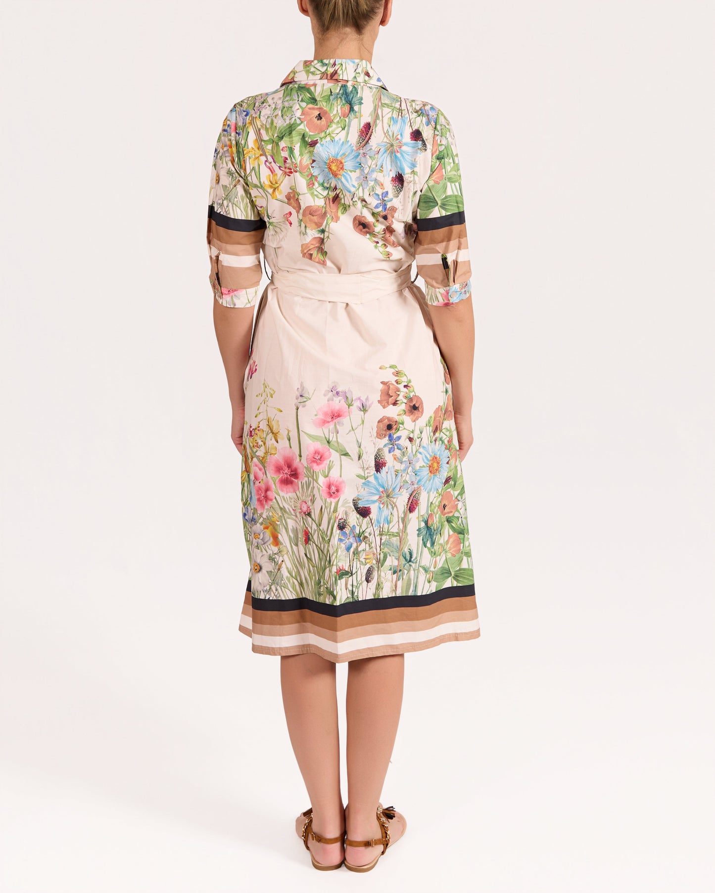 Champagne Floral Border 3/4 Sleeve Dress with Tie Front