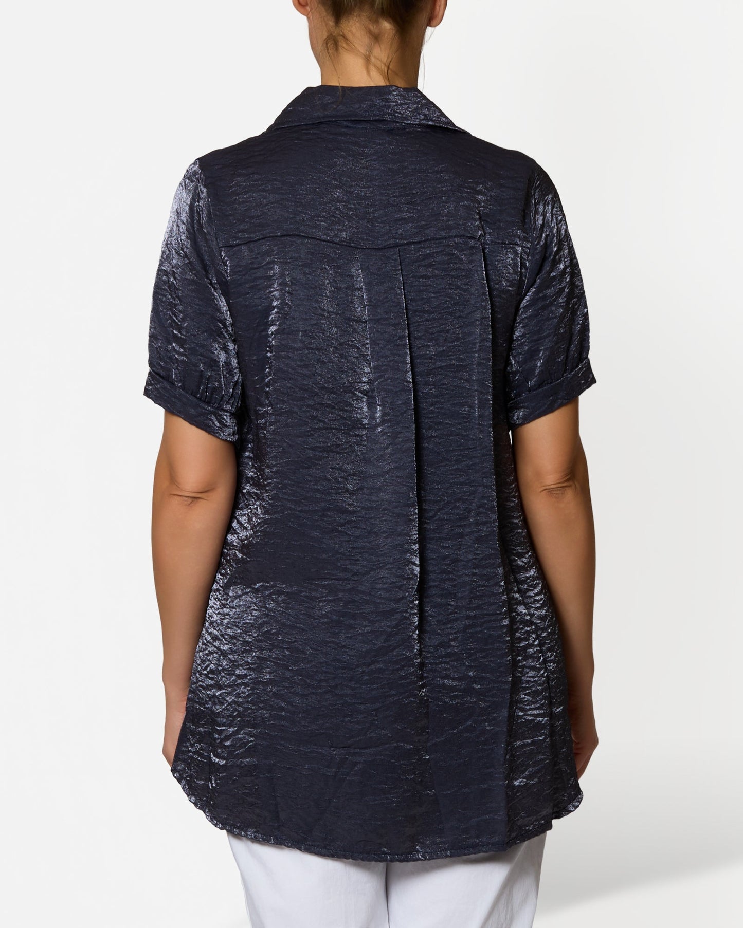 Midnight Button Up Metallic Sheen Short Sleeve Blouse