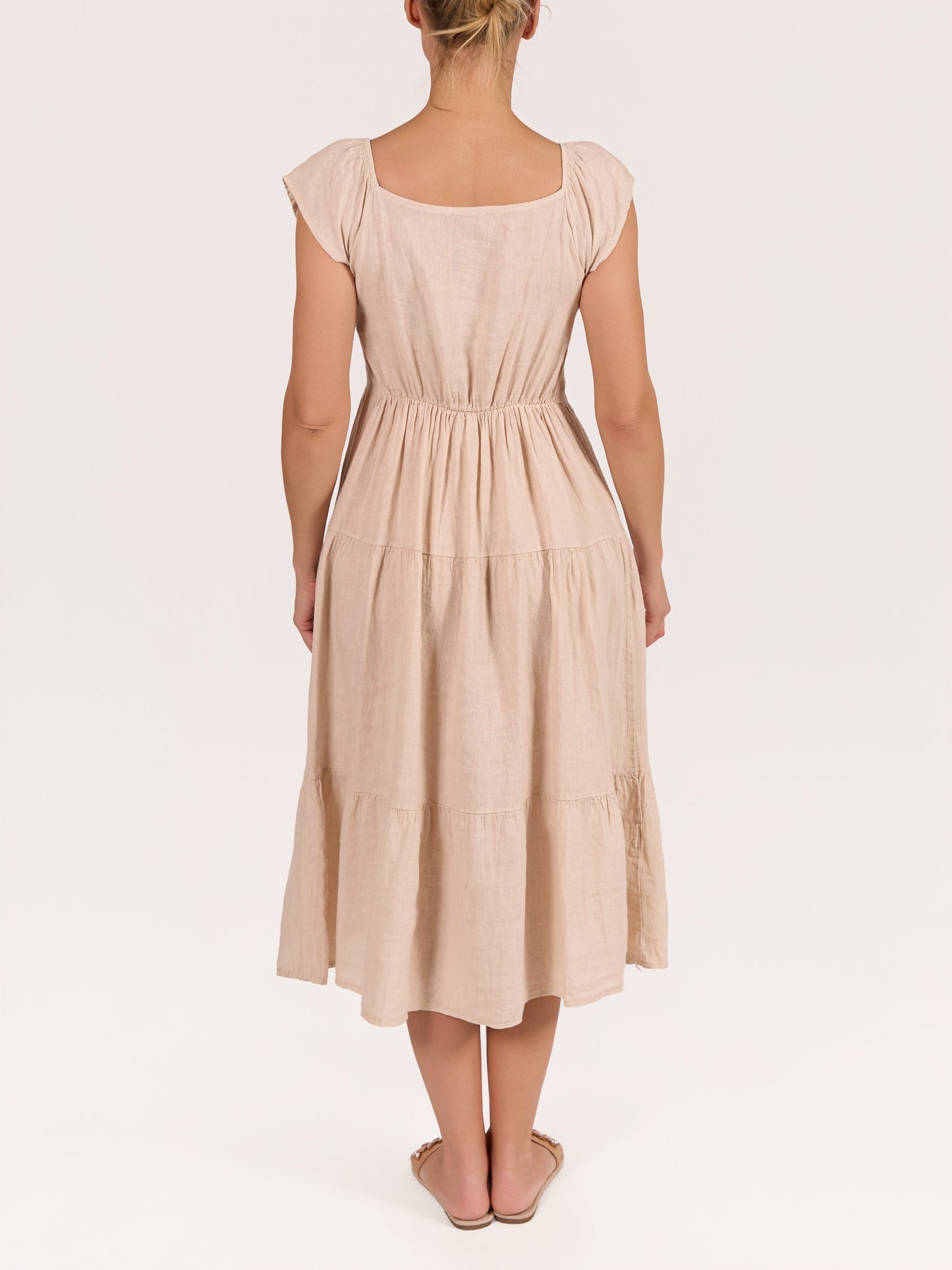 Beige 100% Linene Peasant Ruffled Dress
