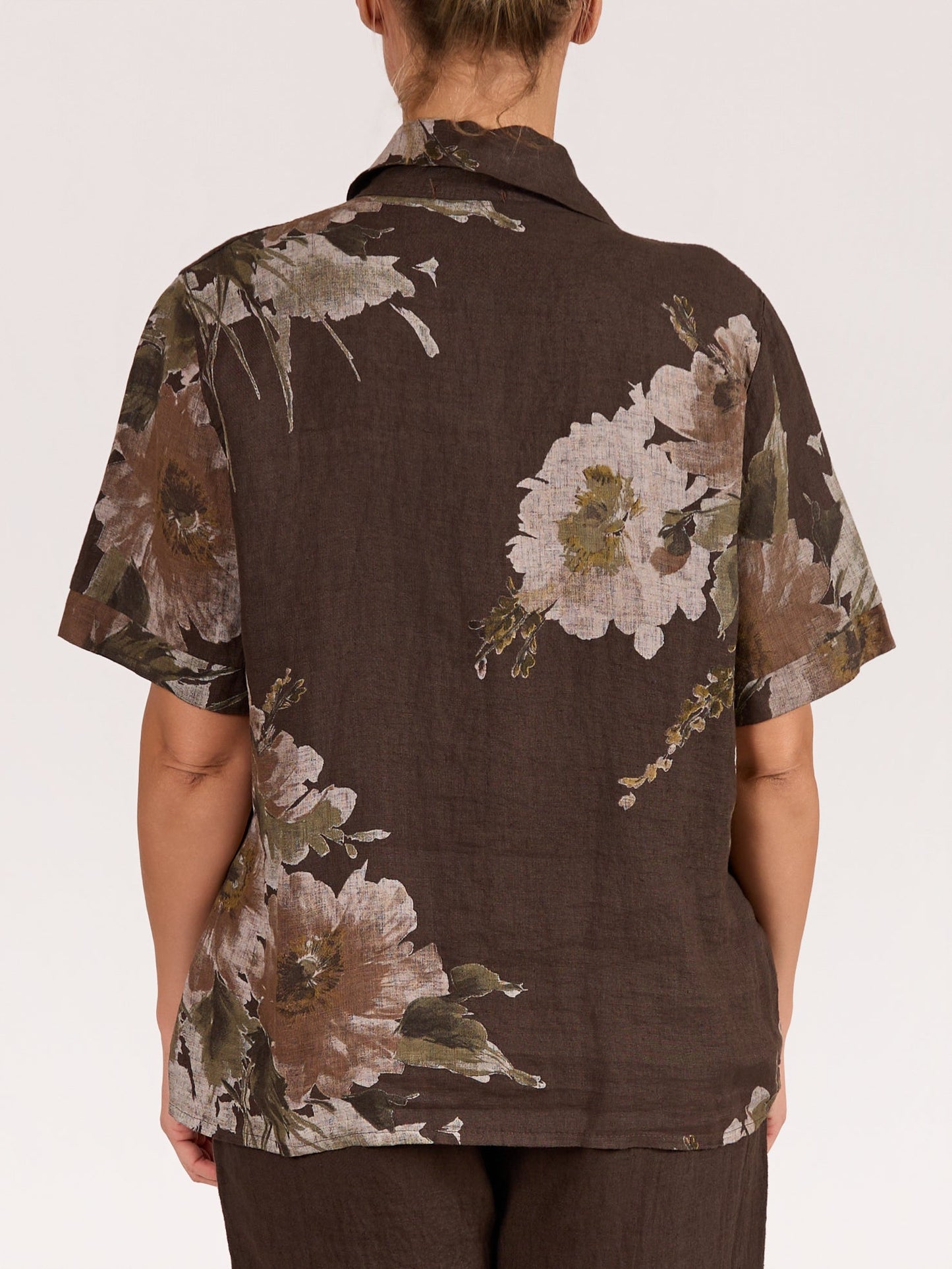 Espresso Floral Print 2 Pocket Button Up Blouse