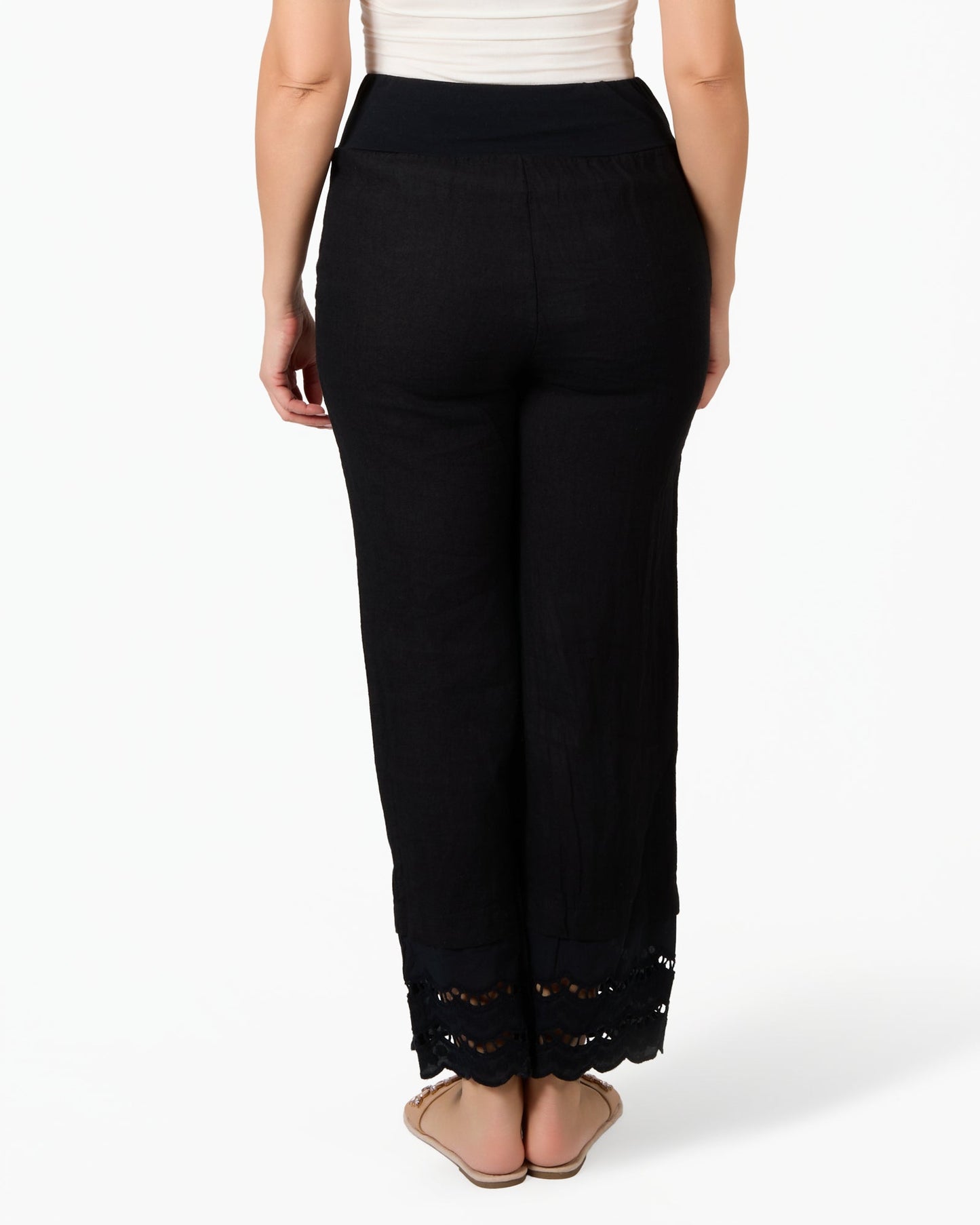 Black Linen and Lace Cuffed Pull On Pants