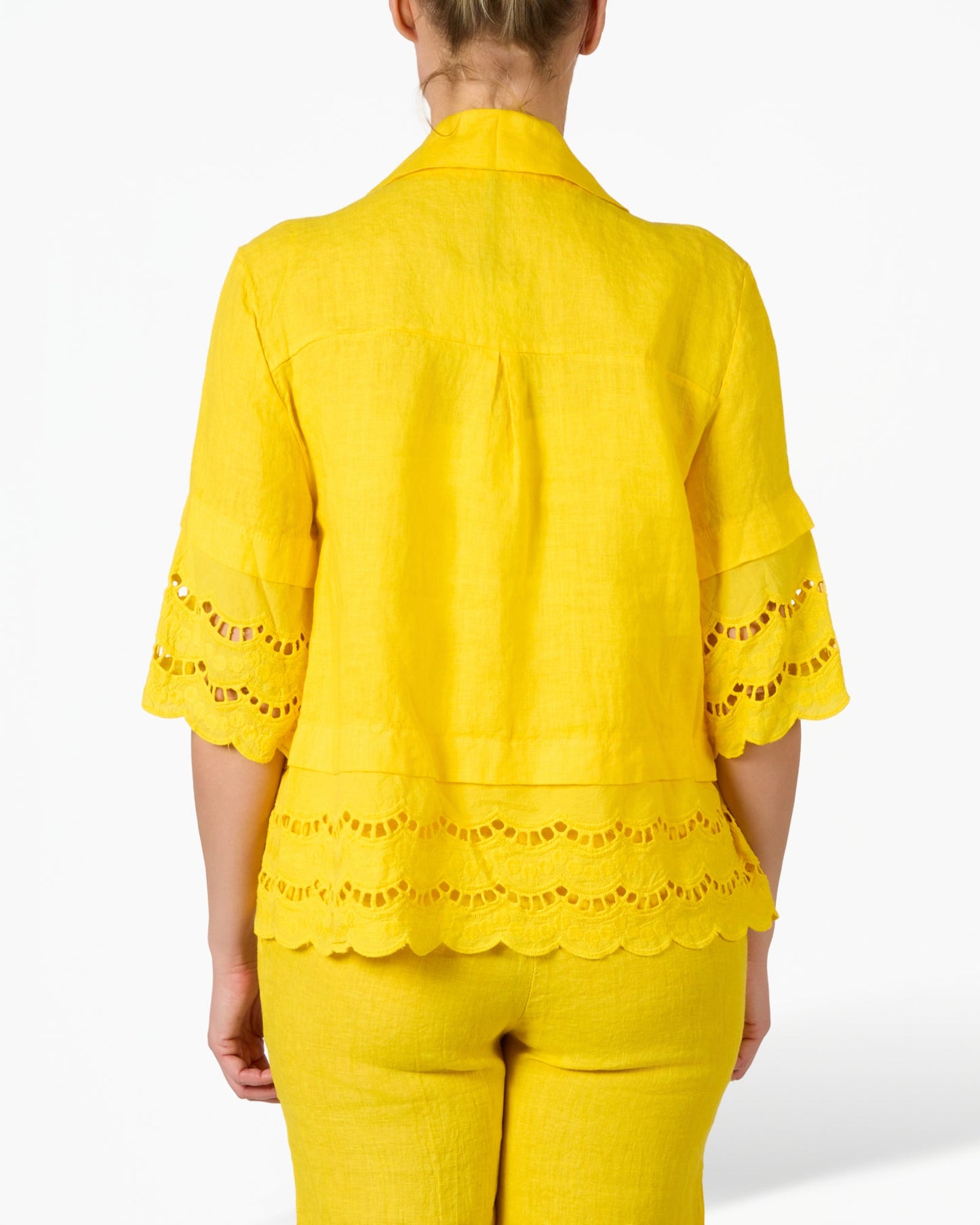 Yellow Linen and Lace Cuffed Button Front Blouse