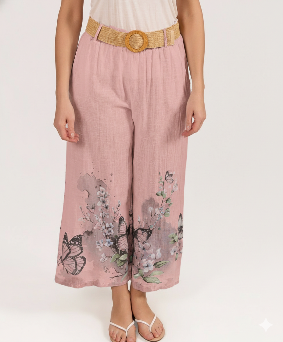 Rose Pull on Belted Butterfly Border Print Pant