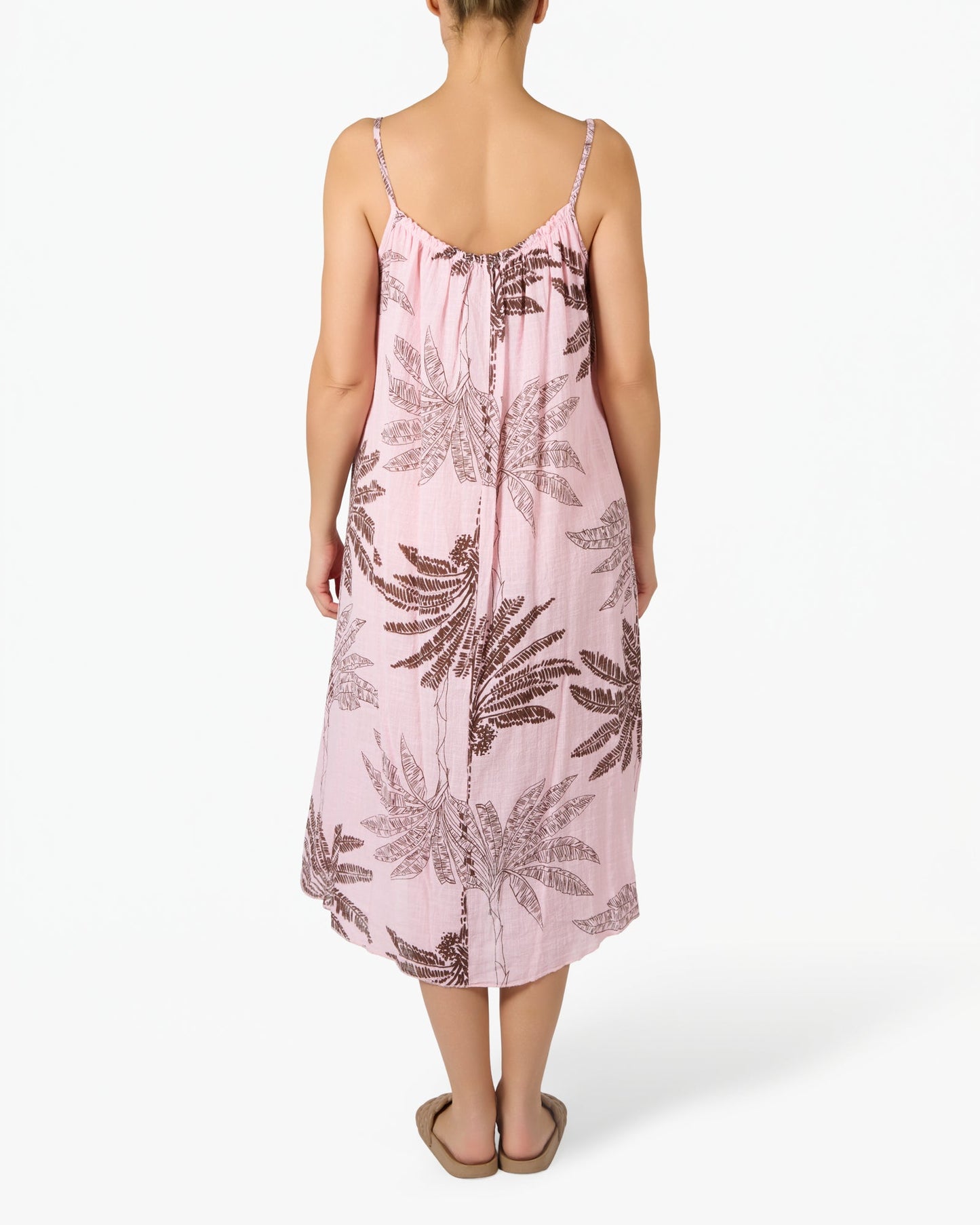 Robe Rose en Gaze à Bretelles Fines avec Imprimé Floral Palmier