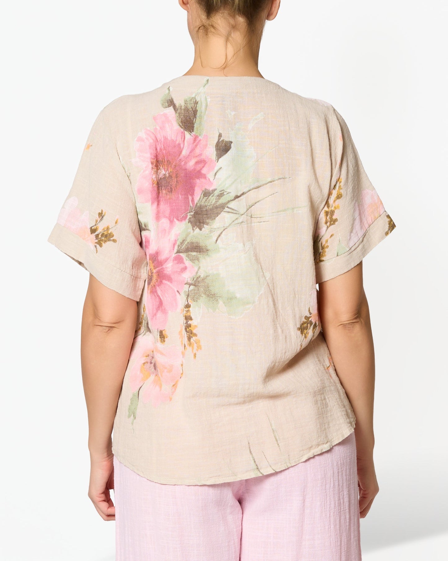 Beige Short Sleeve 1 Button Placket Front Floral Print Shirt