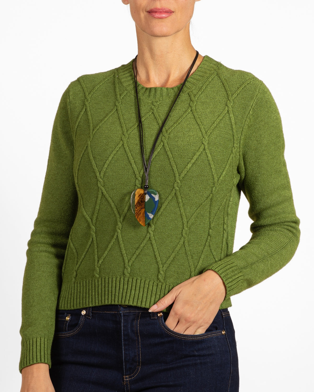 Olive Diamond Cableknit Crew Neck Pullover