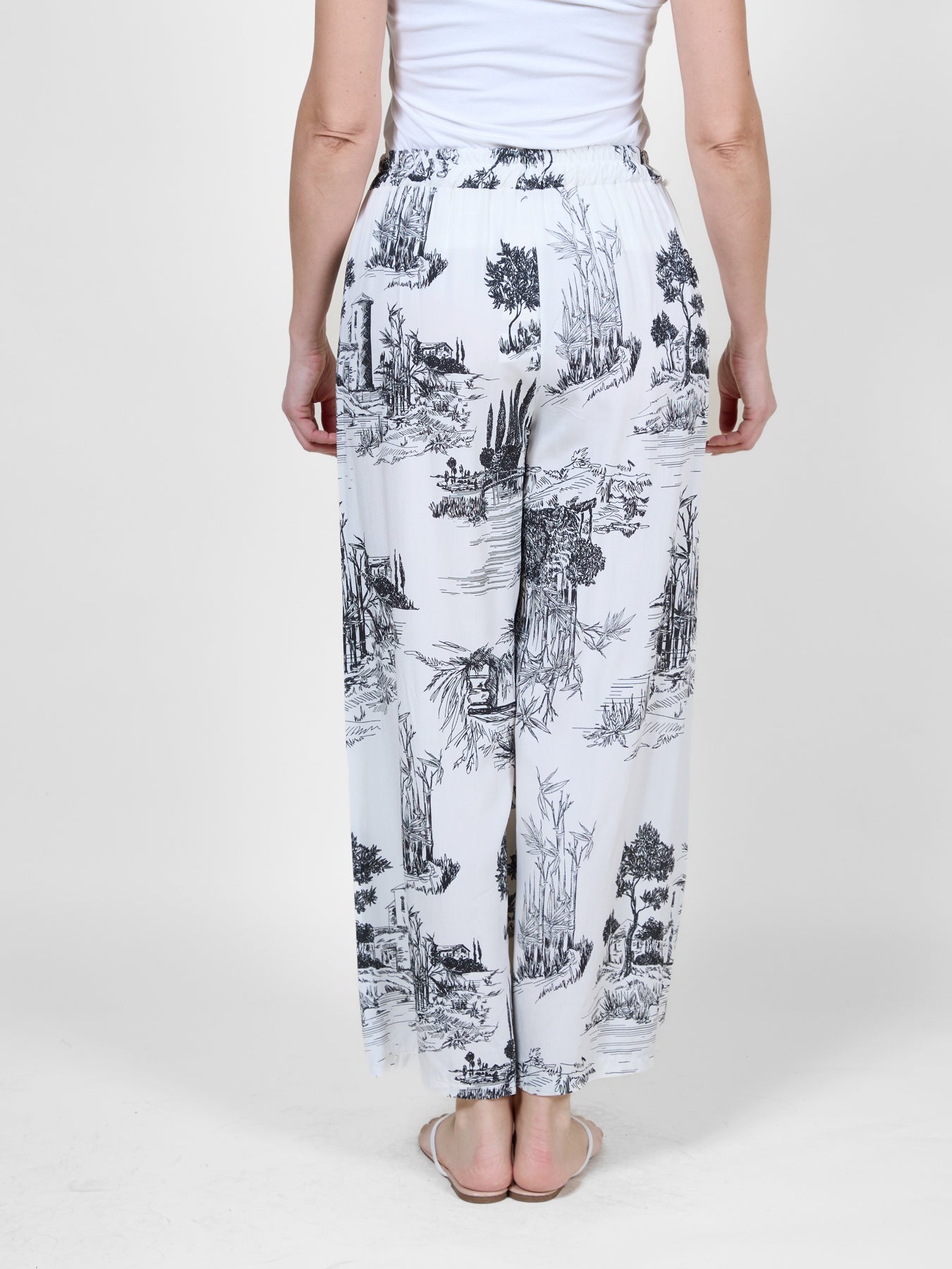 Midnight Tropical Print Wide Leg Pants with Tie Waist