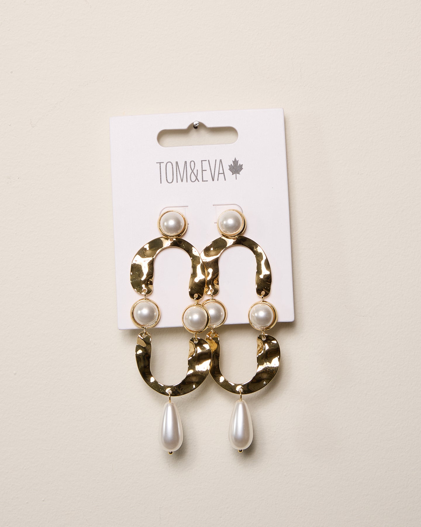 Gold Textured Metal and Pearly Teardrop Dangle Earrings