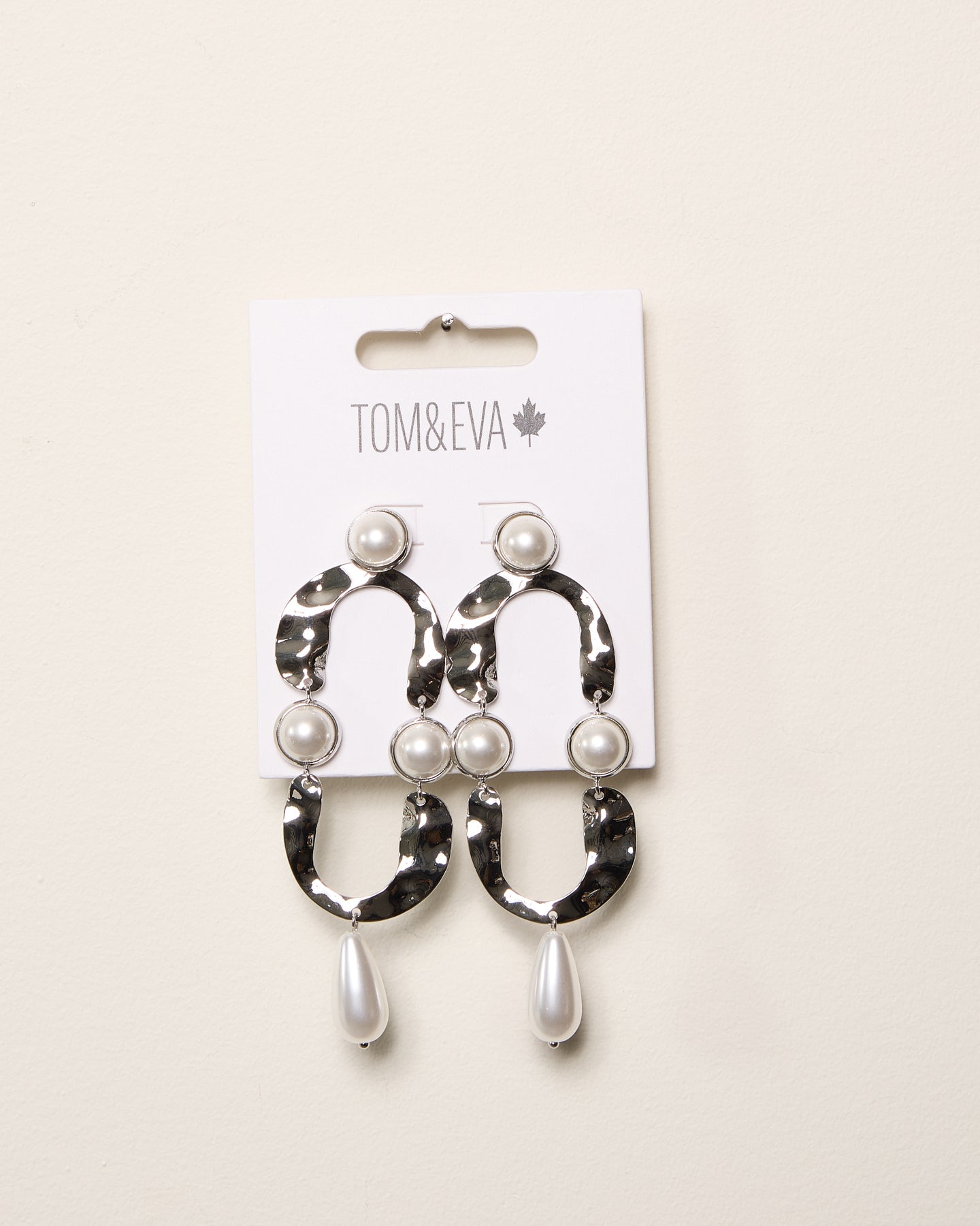 Silver Textured Metal and Pearly Teardrop Dangle Earrings