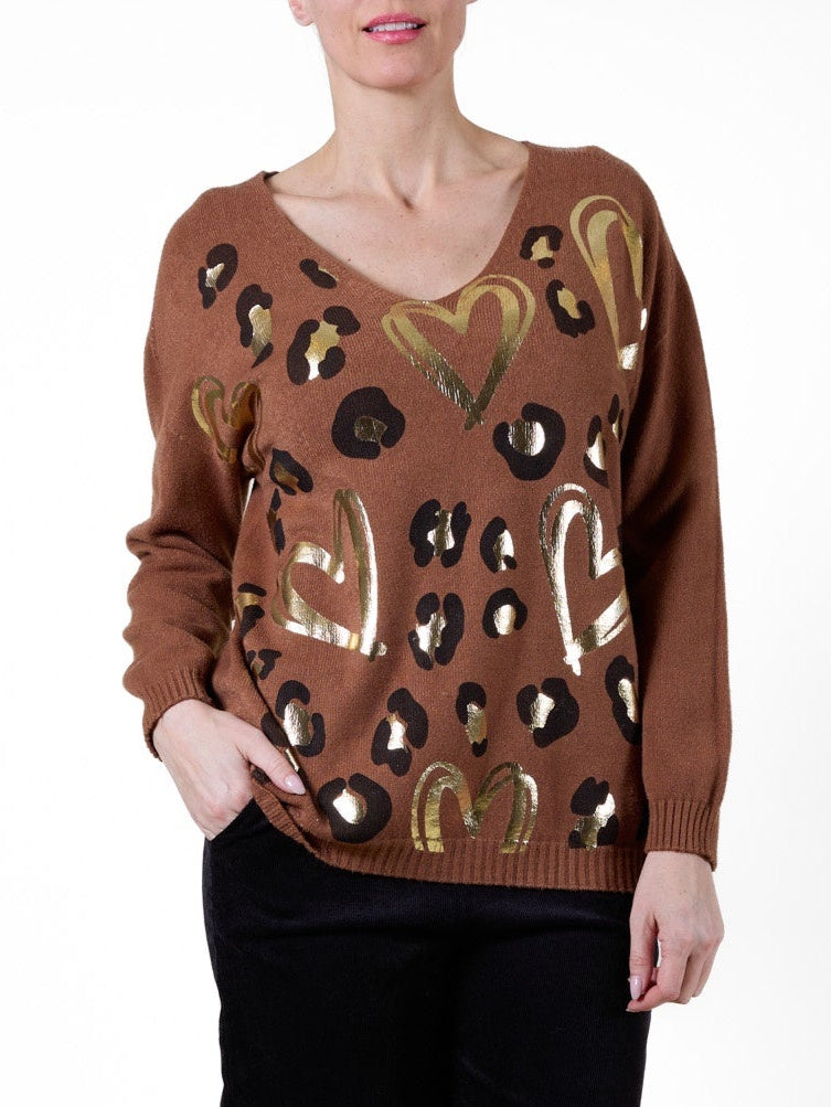 Cognac V Neck Animal Double Heart Long Sleeve Pullover