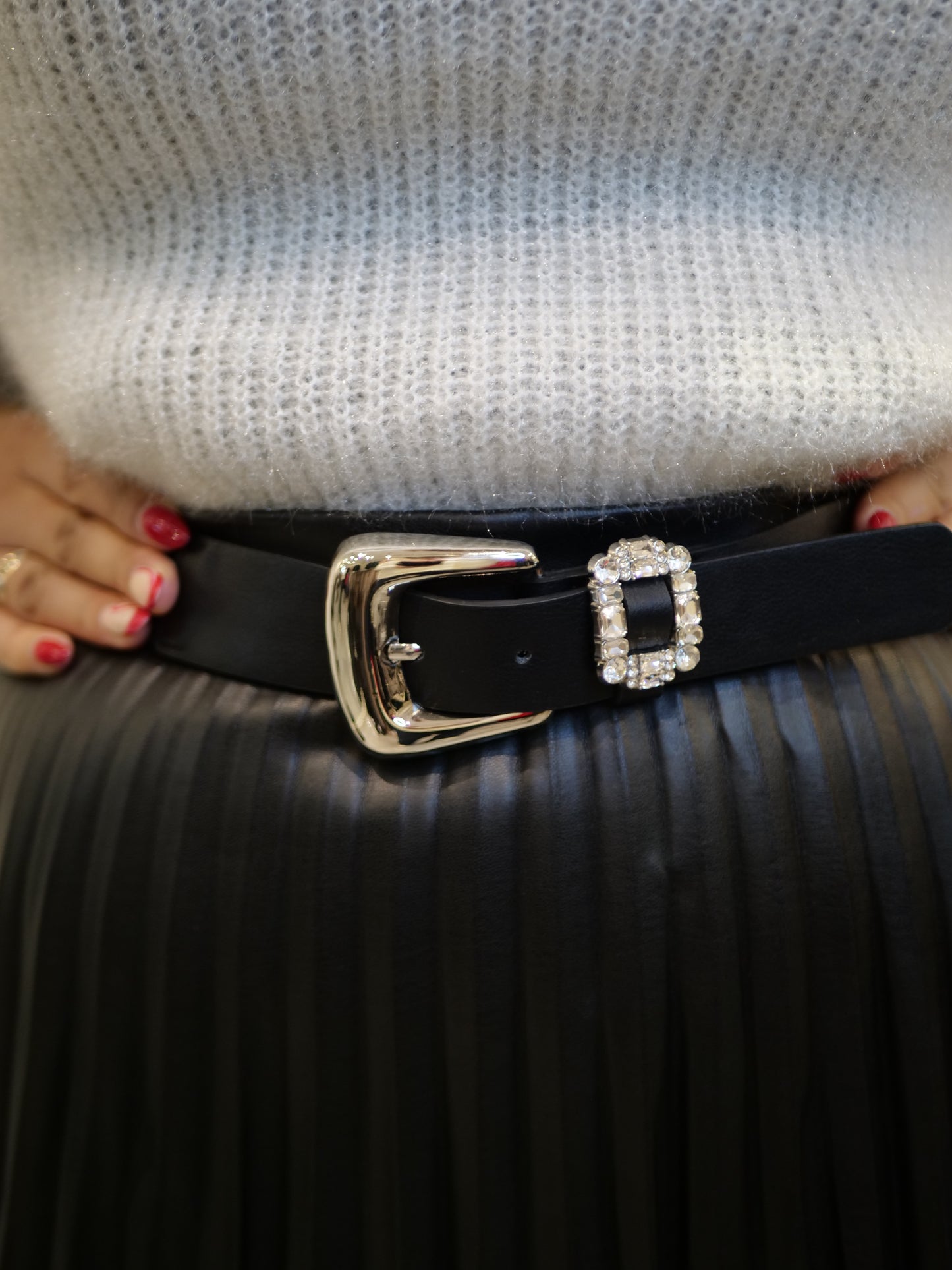 Black Faux Leather Belt with Crystal-Embellished Loop