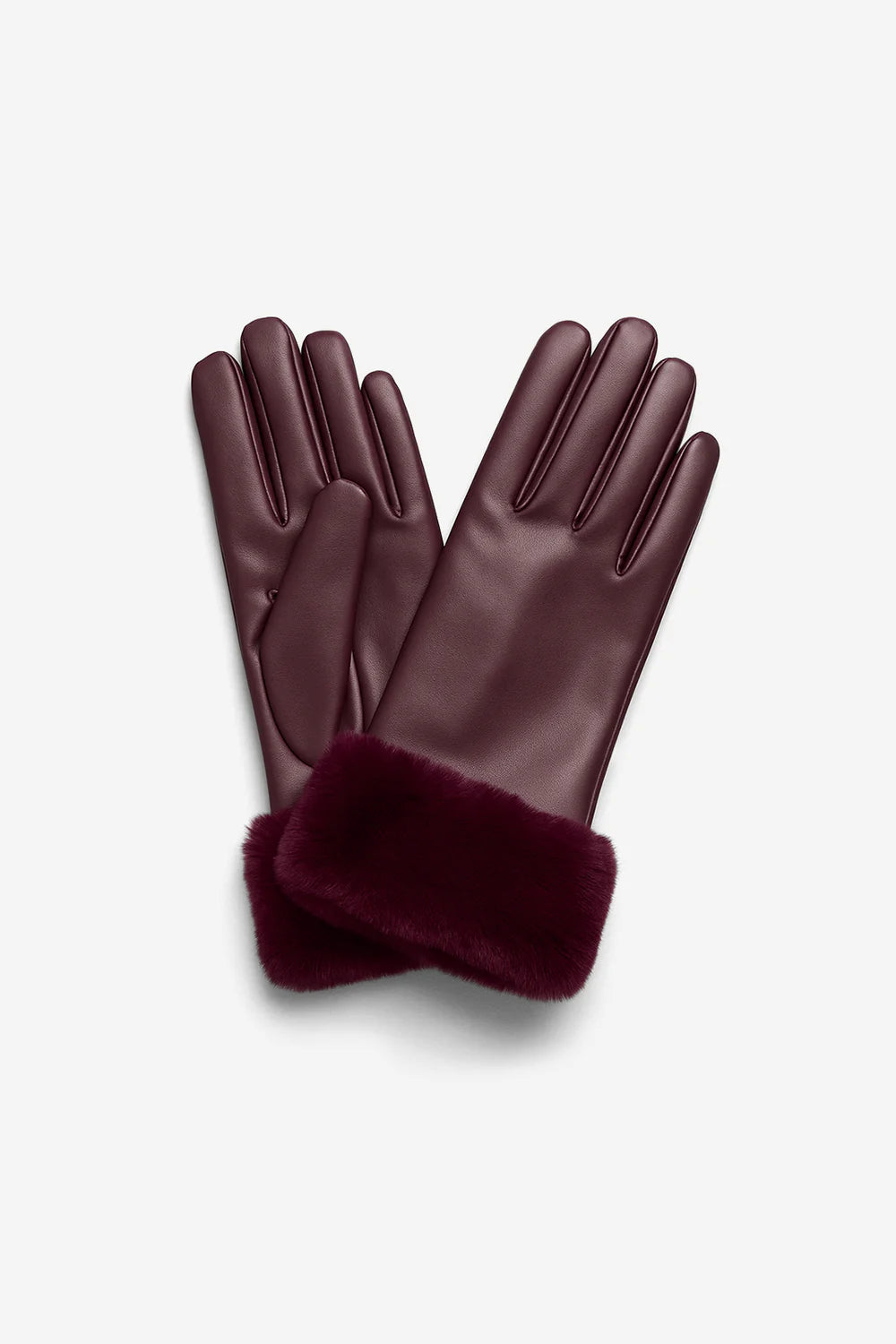 Wine Red Faux Leather Gloves with Faux Fur Trim