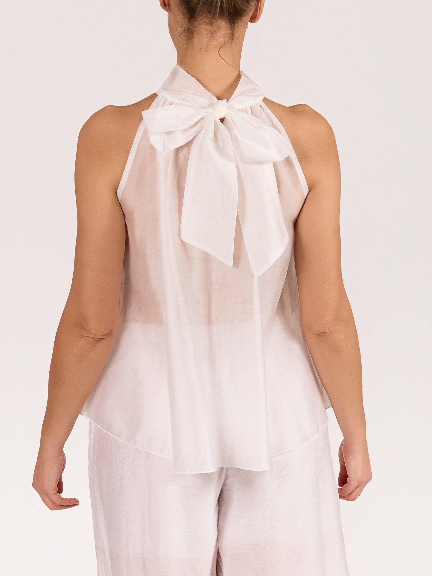 White Sleeveless Bow Tie Ruffle Front Blouse