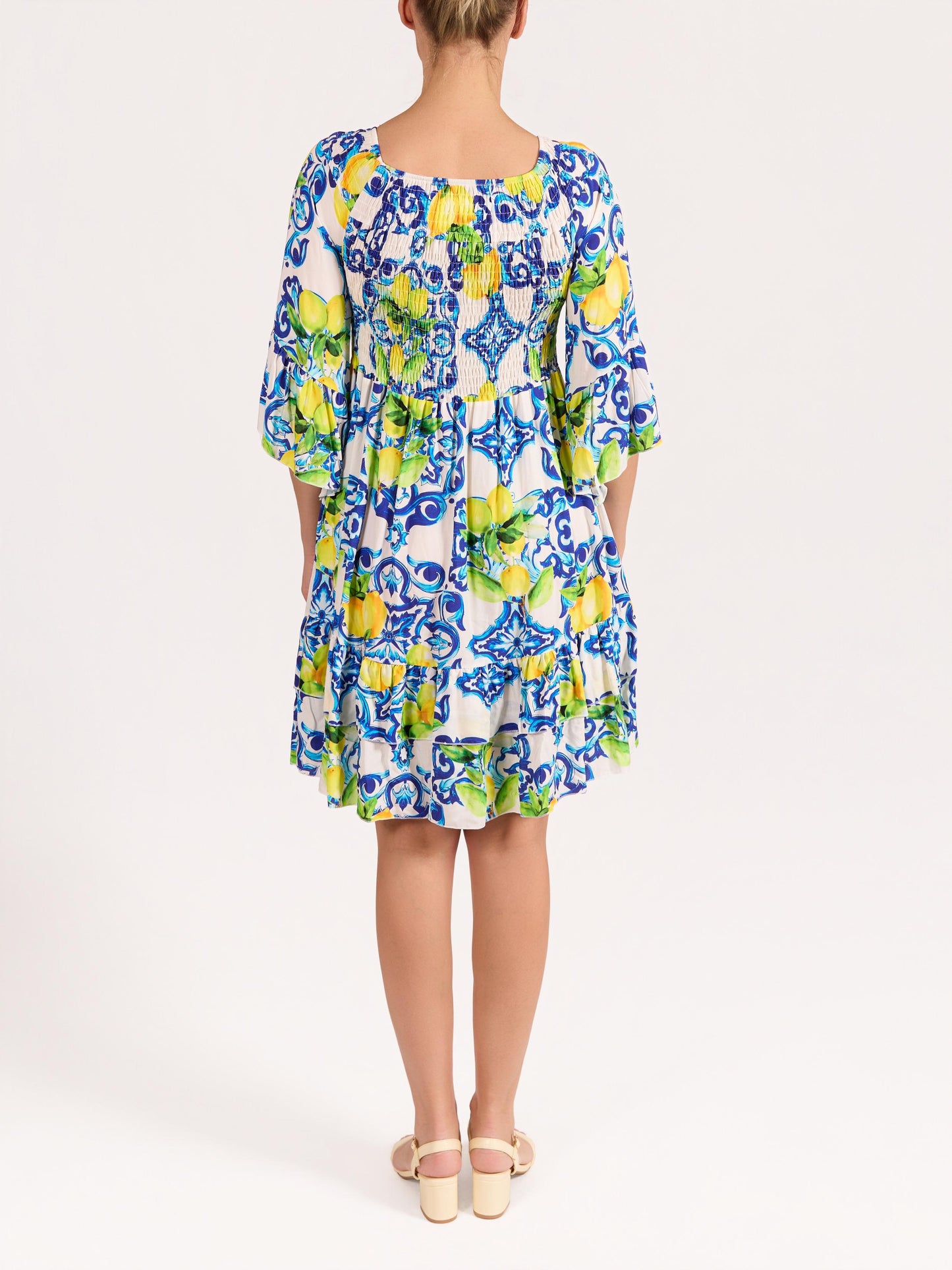Peacock Elbow Ruffle Sleeve Rushed Lemon Amalfi Dress