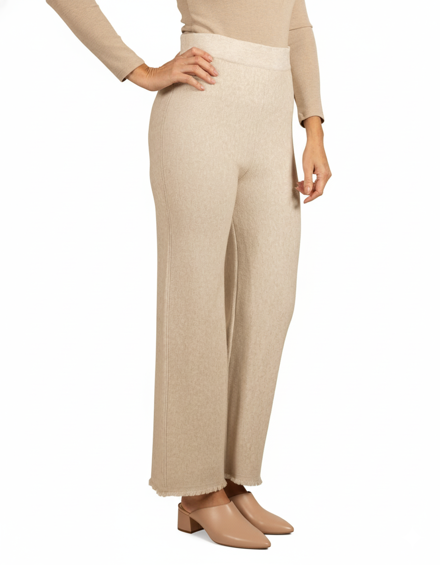 Oatmeal Pull On Wide Leg Raw Edge Detail Pant