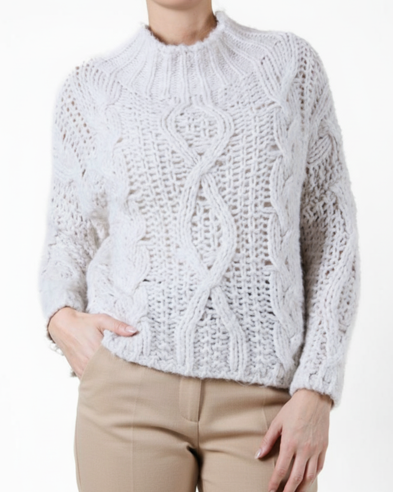 Ivory Mock Neck Cable Knit Drop Shoulder Sweater