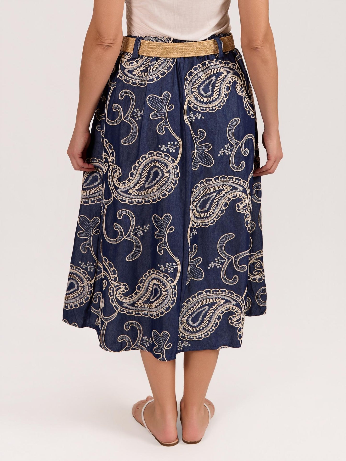 Denim Blue Flare Belted Embroidered Skirt