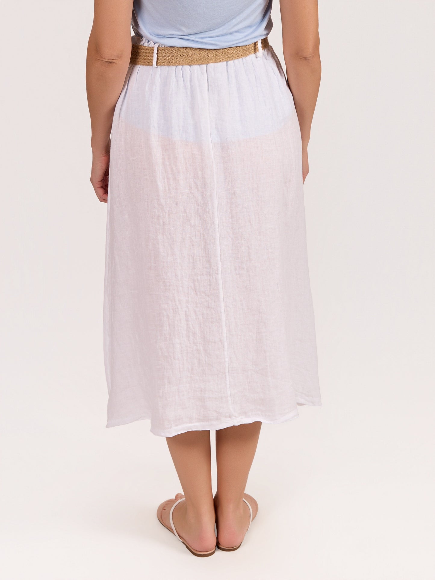 White Pull on Belted Flare Skirt