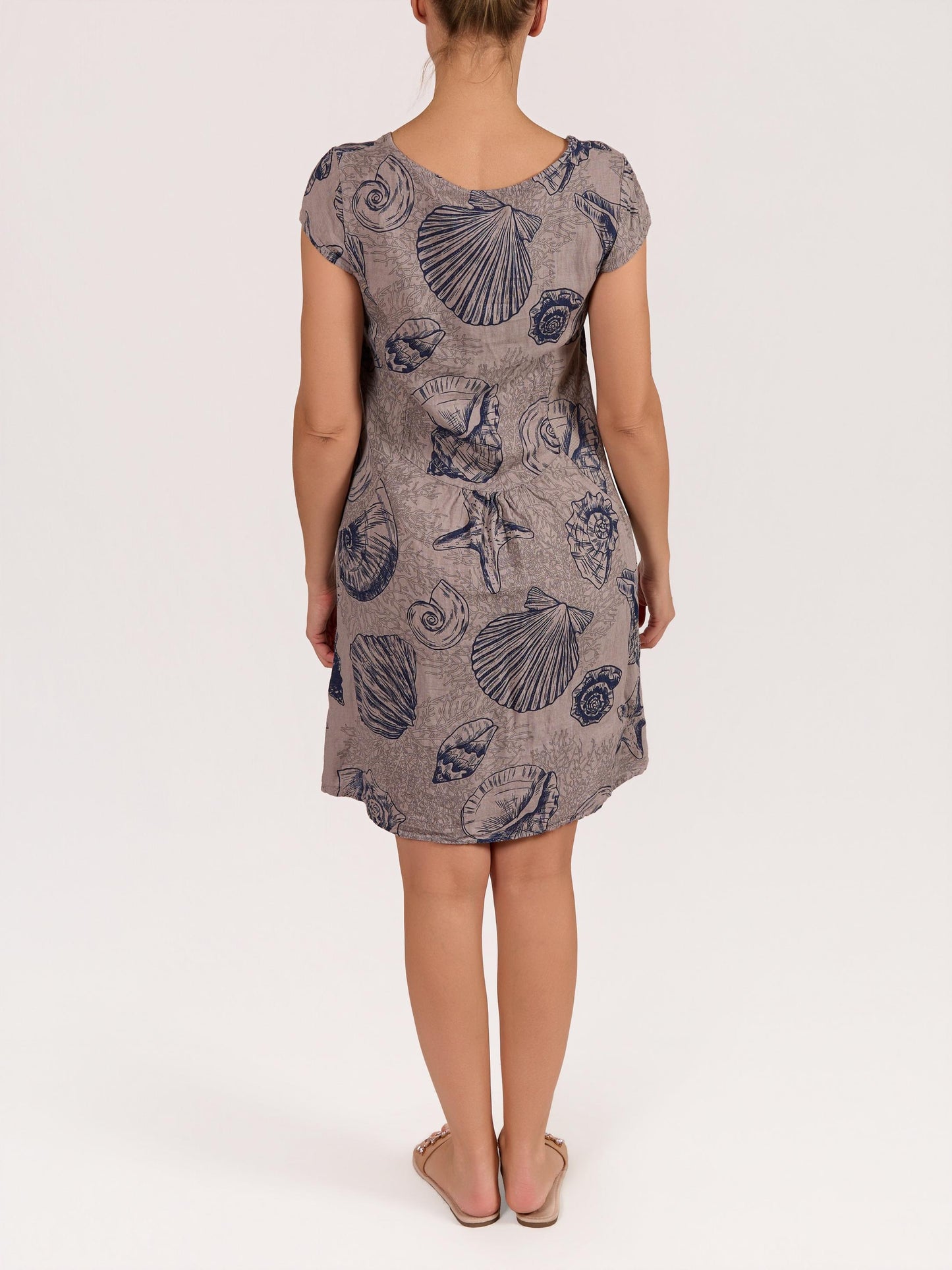 Taupe Cap Sleeve Sea Shell Print Rib Side Dress