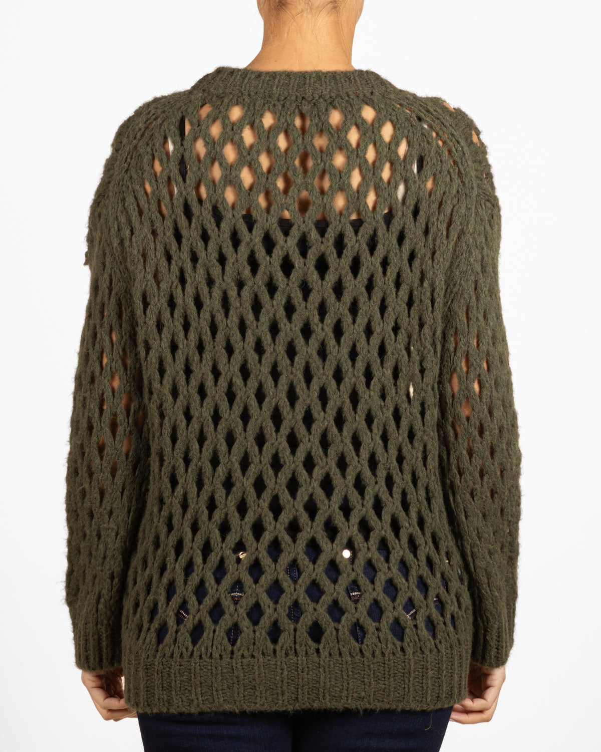 Army Drop Shoulder Scoop Neck Open Diamond Weave Sweater