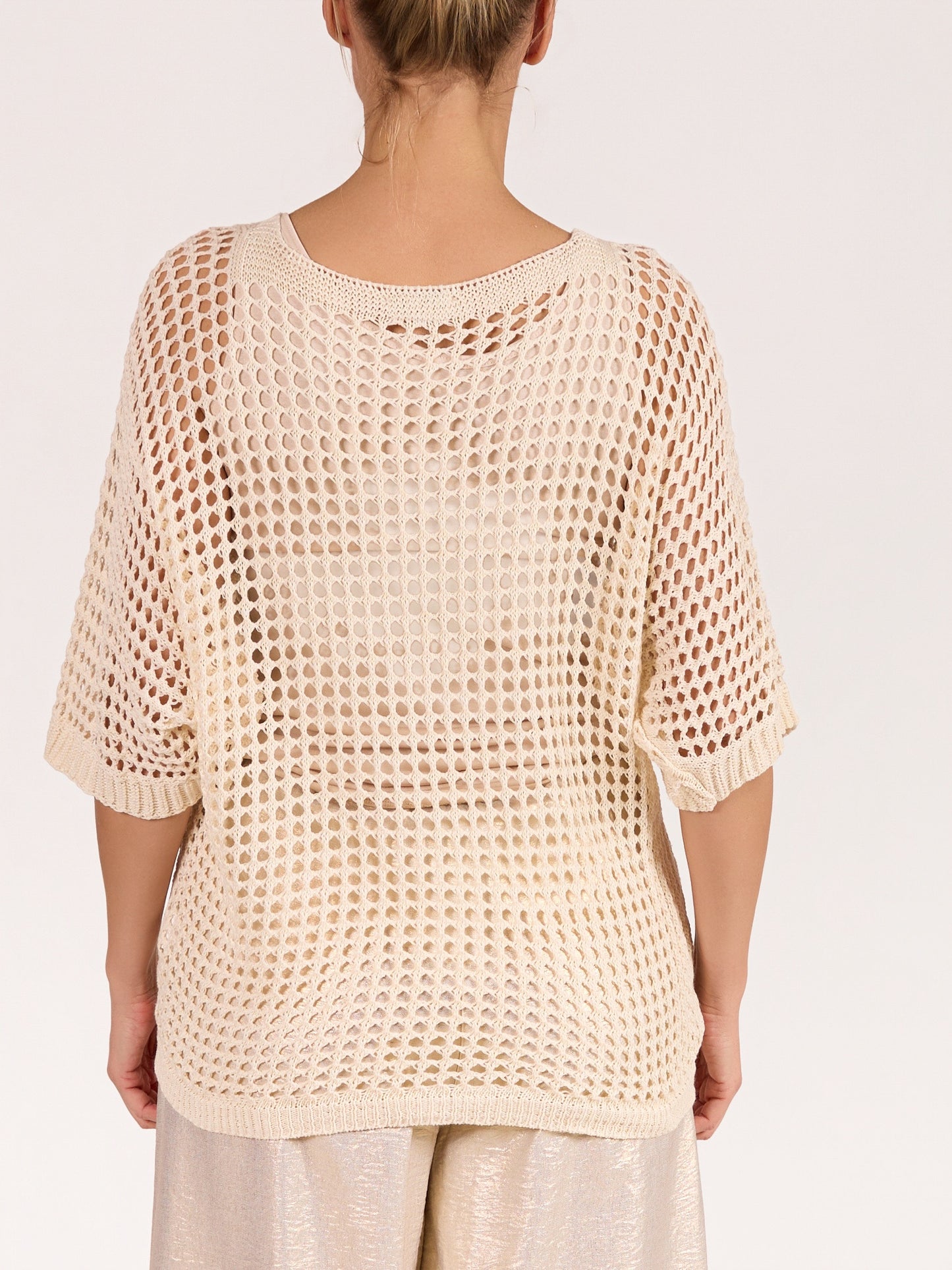 Beige V Neck Drop Shoulder Crochet Sweater