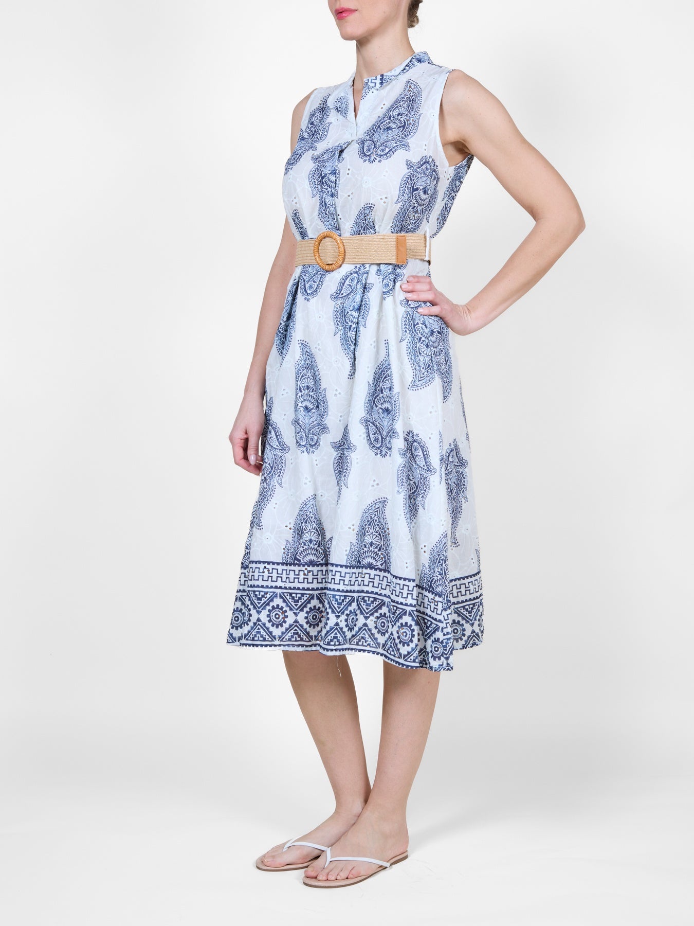 Midnight Paisley Print Sleeveless Dress with Belt