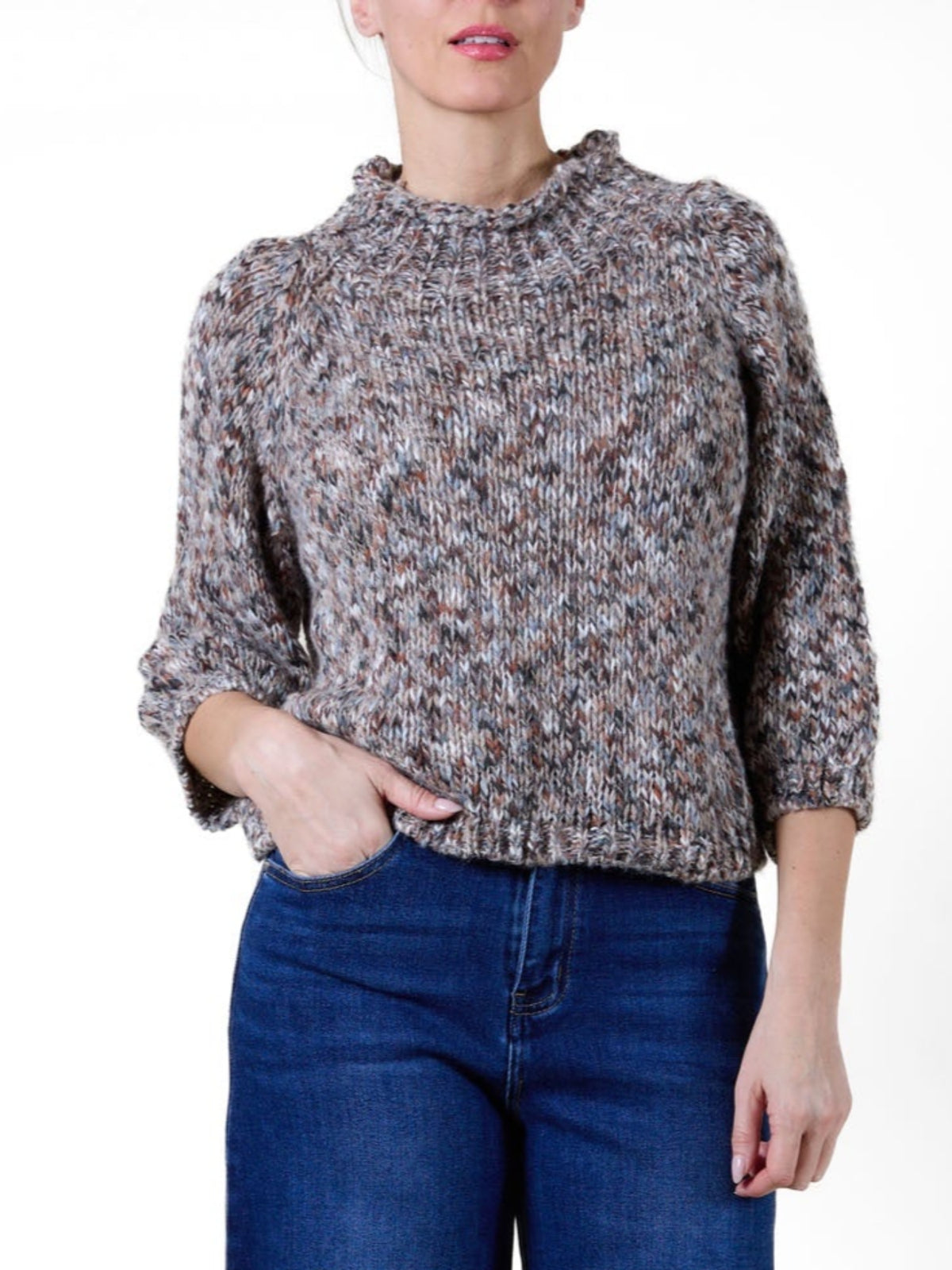 Taupe Mock Neck Varigated Knit Sweater