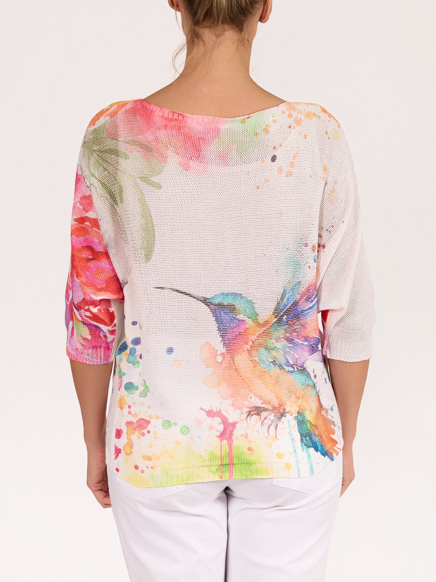 White Boat Neck Elbow Sleeve Hummingbird Pullover