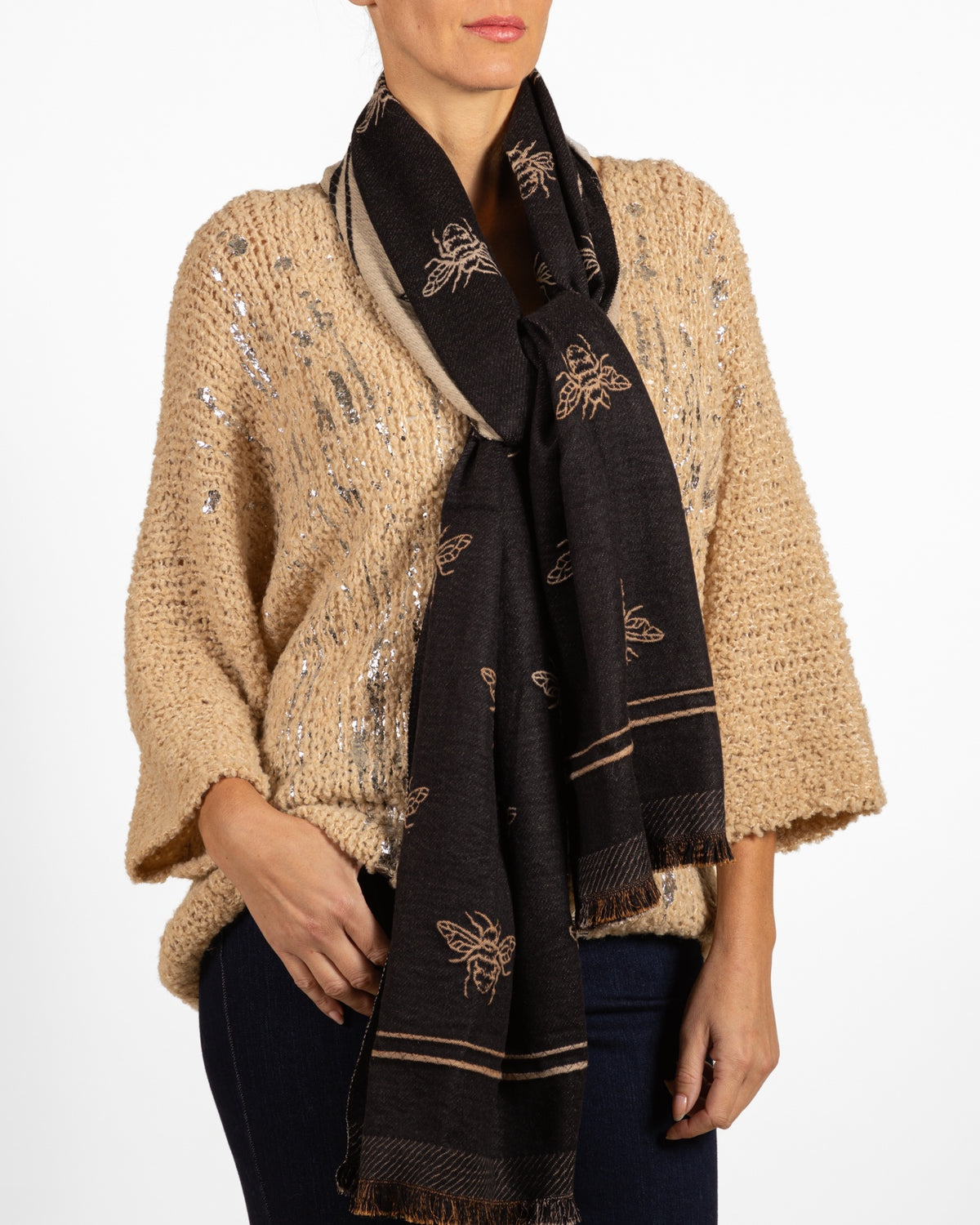 Camel Deep V Neck Dolman ¾ Sleeve Foil Front Detail Chenille Sweater