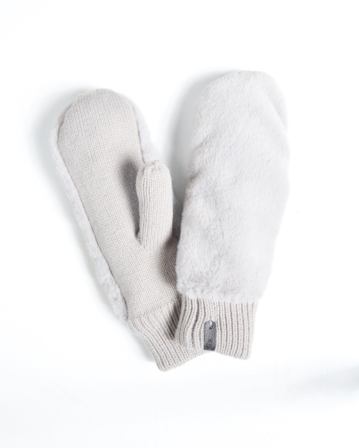 Light Grey Faux Fur Mittens With Knit Palm And Cuff