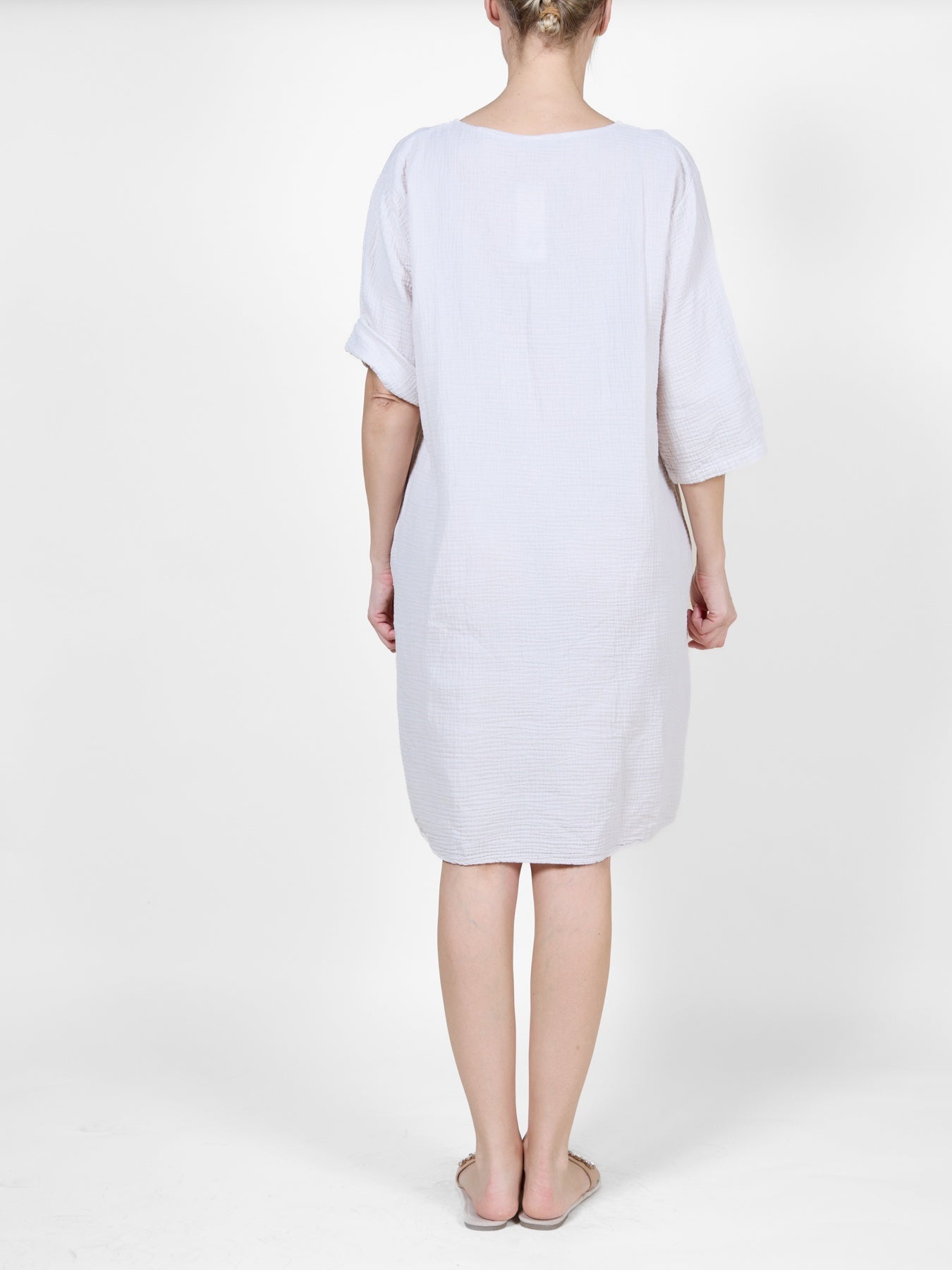 Sand Cotton Dress with 3/4 Sleeves and Wooden Button Detail
