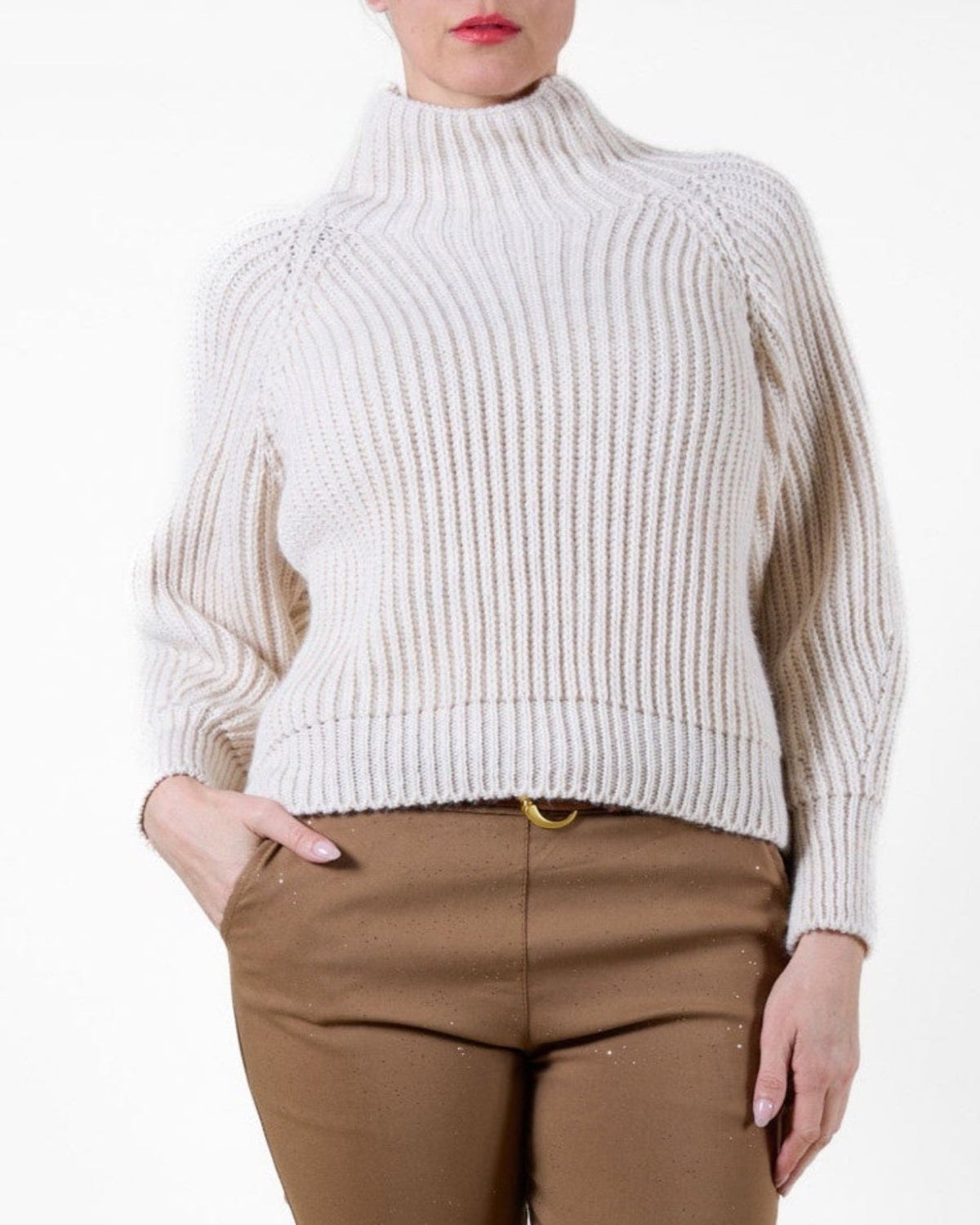 Beige Mock Neck Waist multi drop stitch Sweater