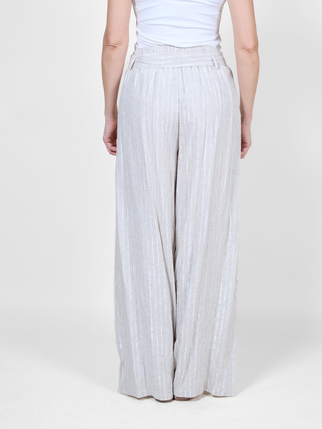 Oatmeal Melange Wide Leg Pants with Metallic Stripes and Tie Belt