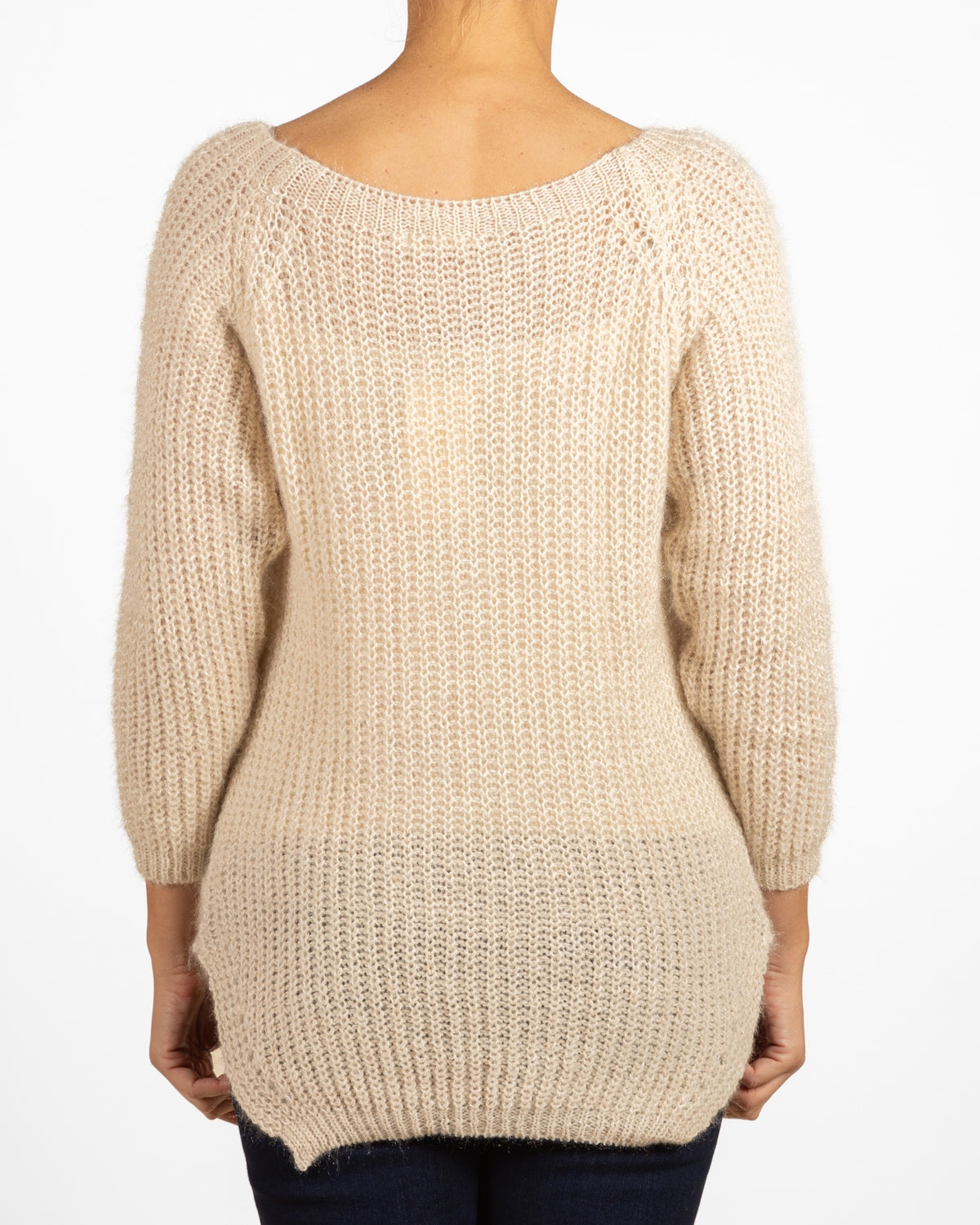 Beige Deep Round Front Bck Neck Slit Sides Plush Sweater