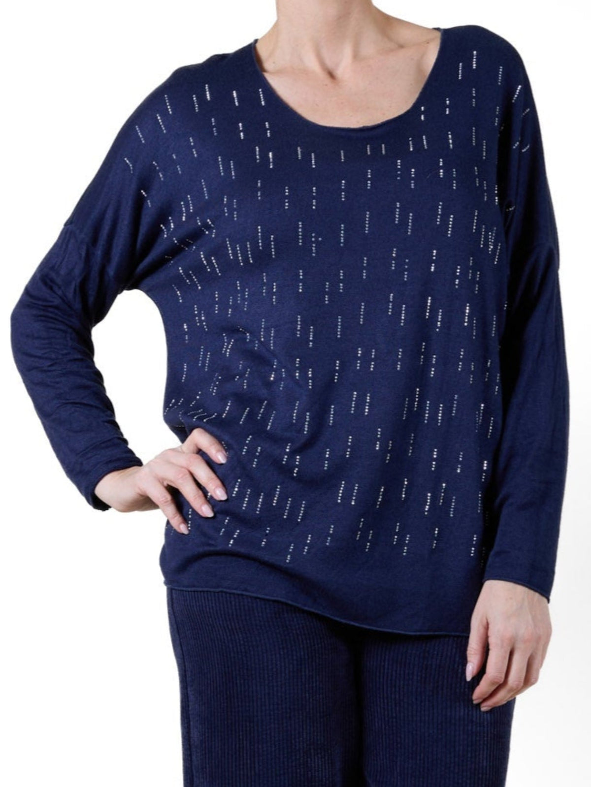 Midnight Scoop Neck Drop Shoulder Tear Drop Rhinestone Long Sleeve