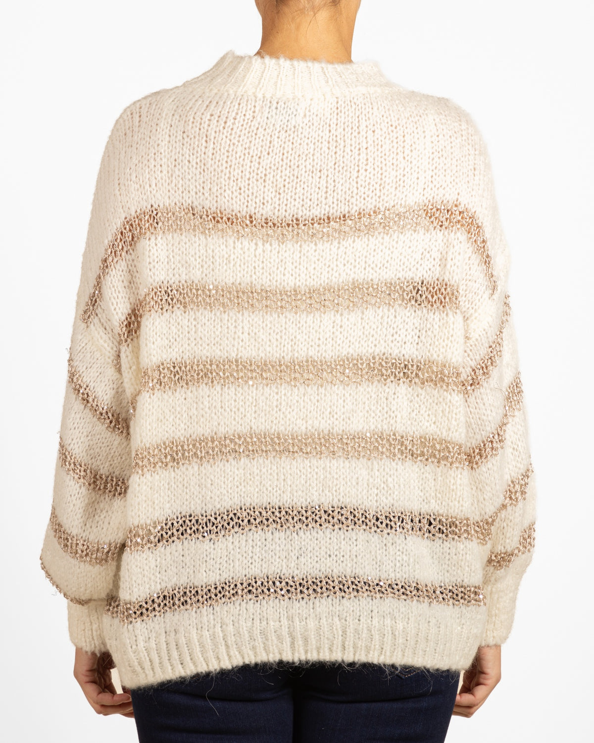 Snow Drop Shoulder Lurex Crochet Stripe Sweater