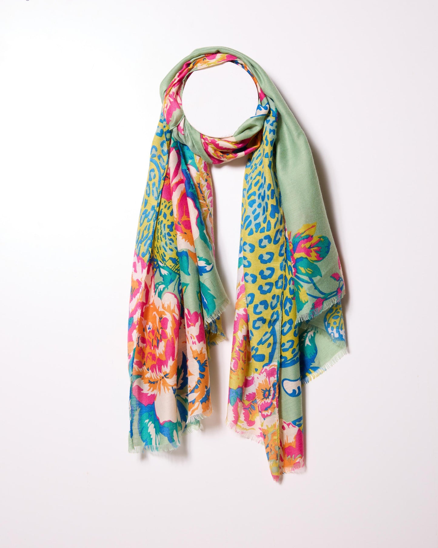 Green Vibrant Cheetah and Floral Printed Oversized Scarf