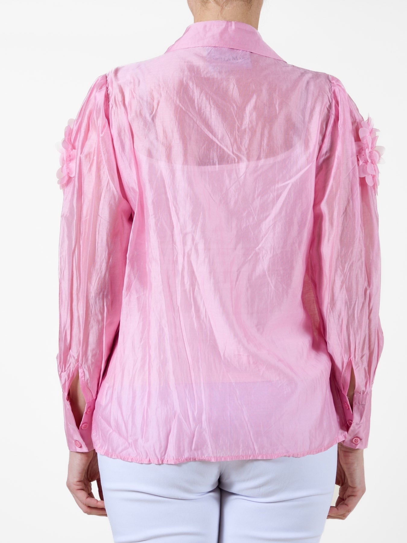 Rose Button-Up Blouse with Fabric Flower Detailing