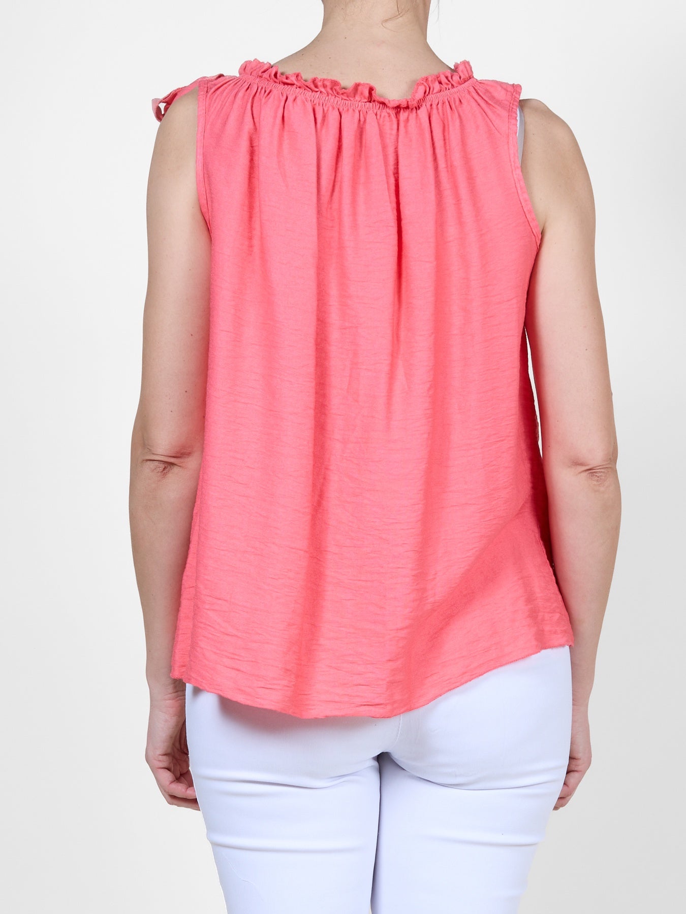 Coral Sleeveless Top with Ruffled Neckline and Side Tie