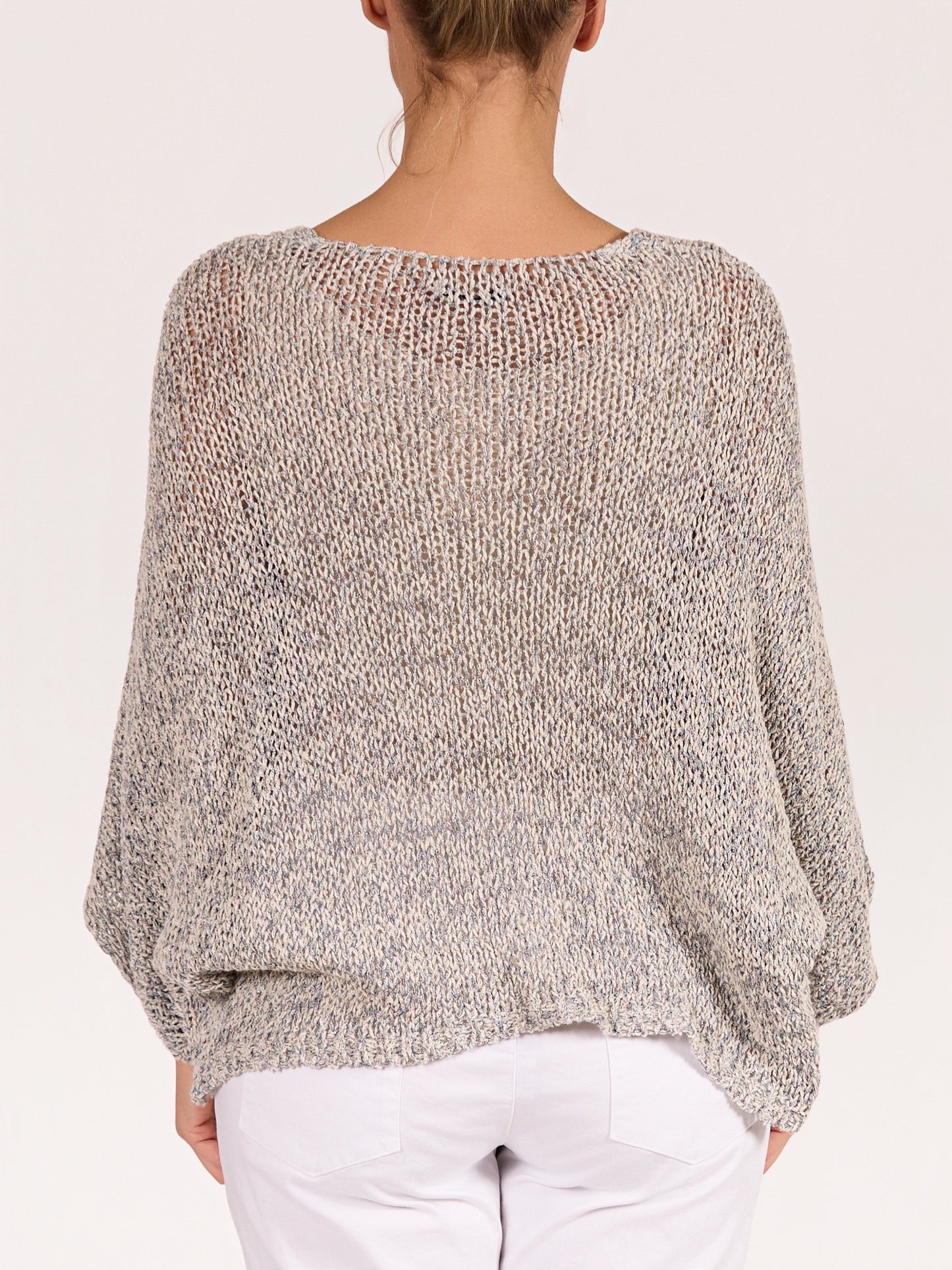 Blue V Neck Drop Shoulder Hem Varigated Sweater