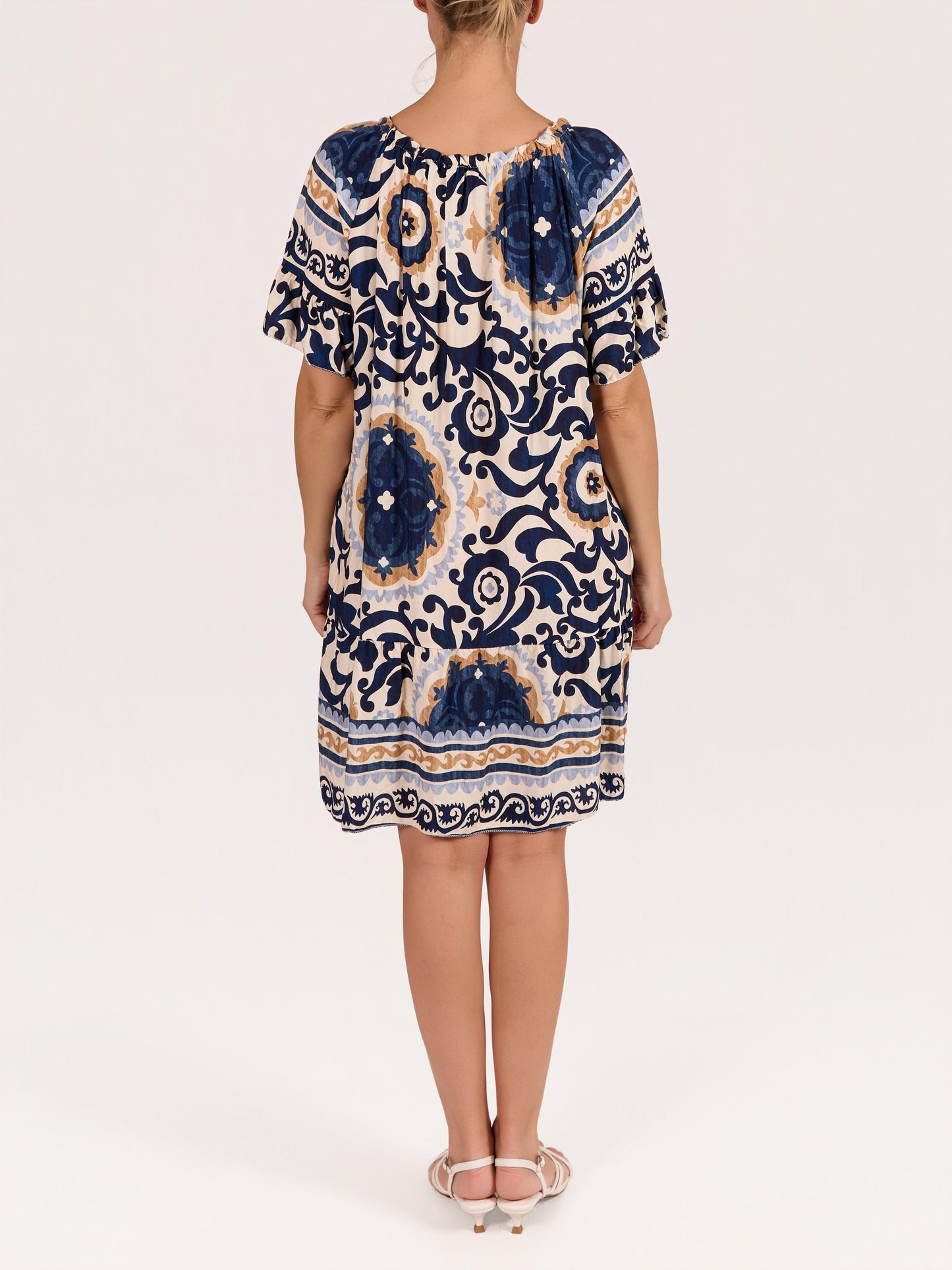 Robe paysanne minuit à encolure bateau à manches courtes avec lurex, pampilles et imprimé cachemire floral