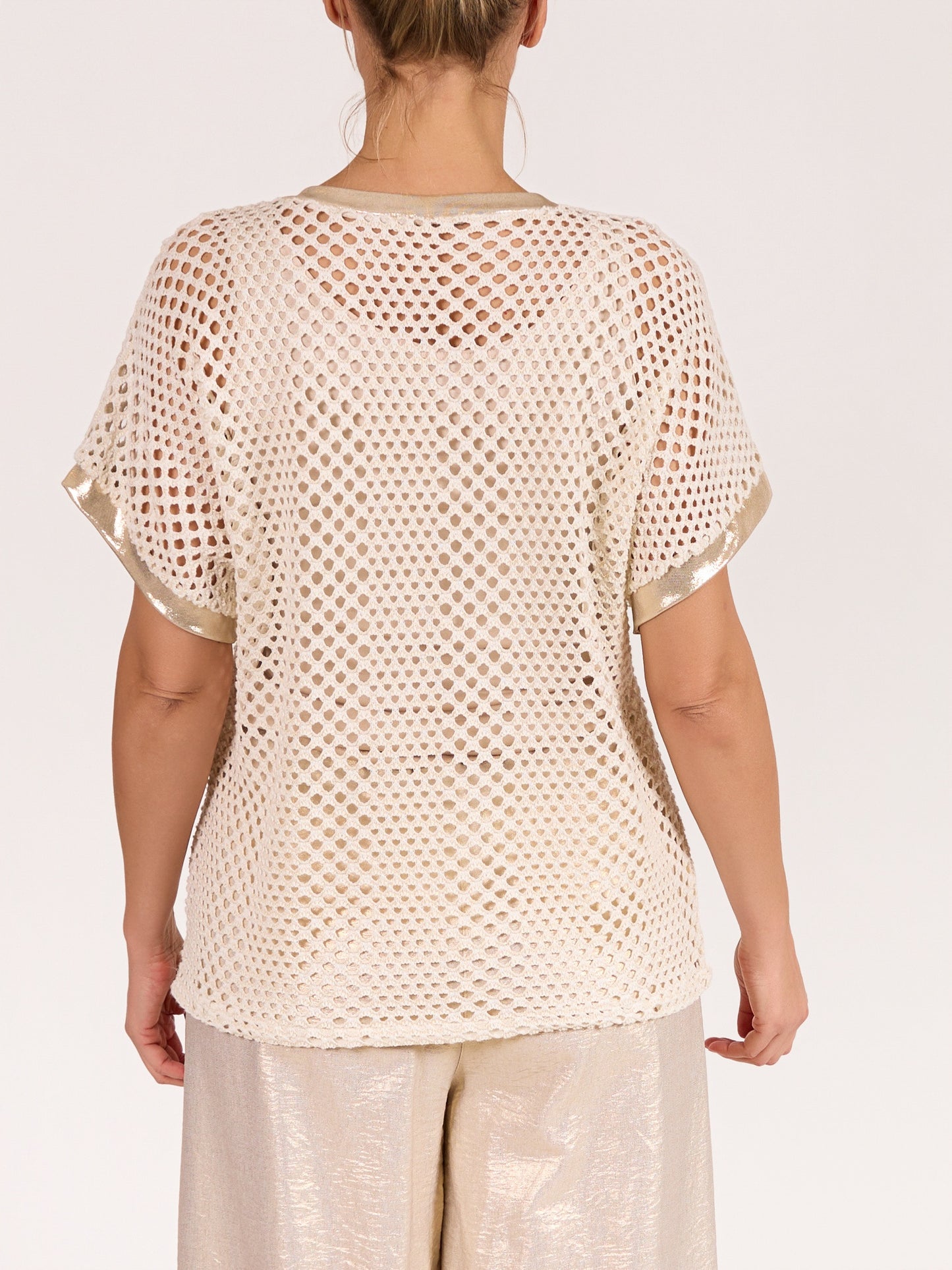 Champagne Short Sleeve Foil Trim HI LOW Crochet Top