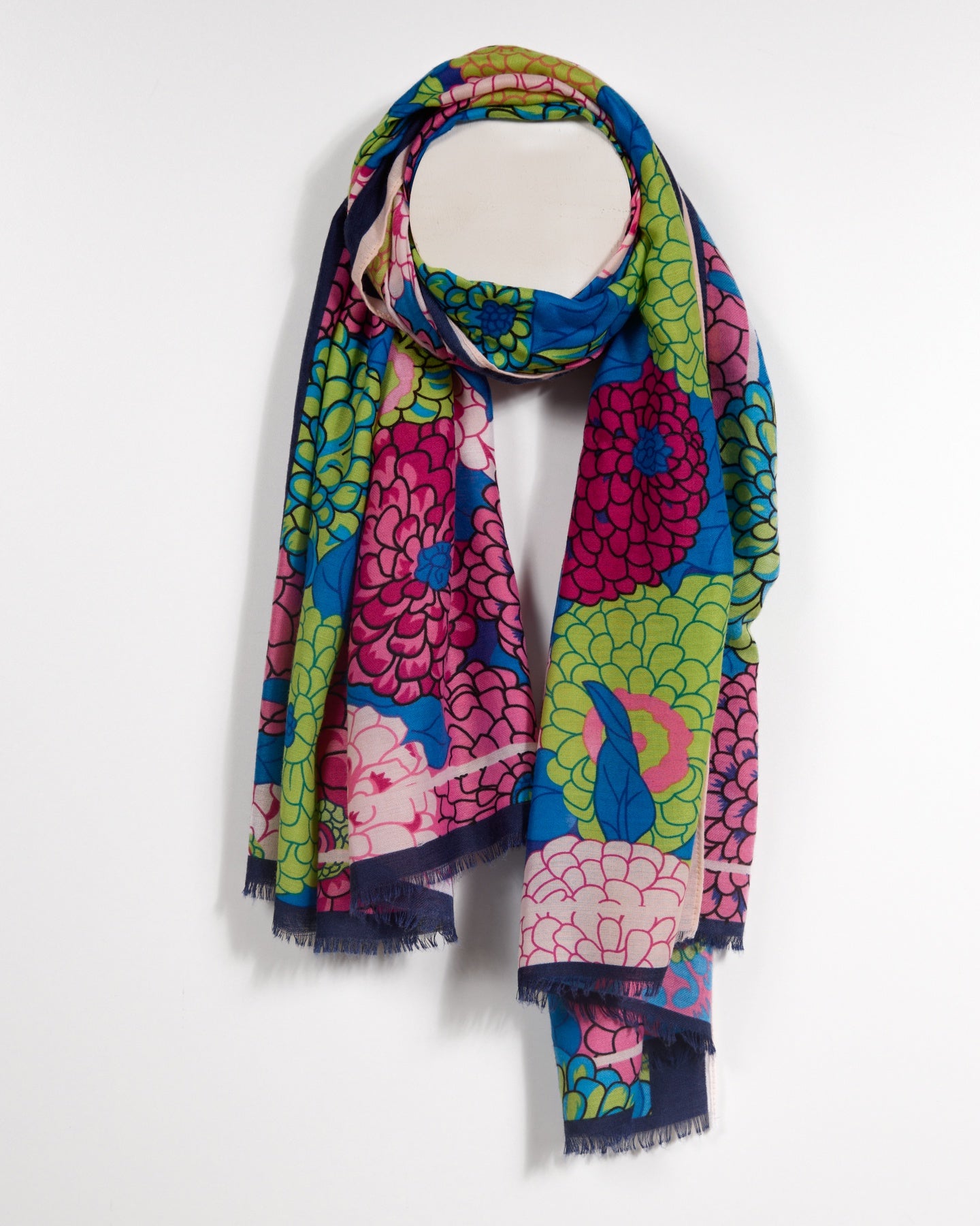 Floral Print Scarf with Vivid Hues and Deep Navy Background